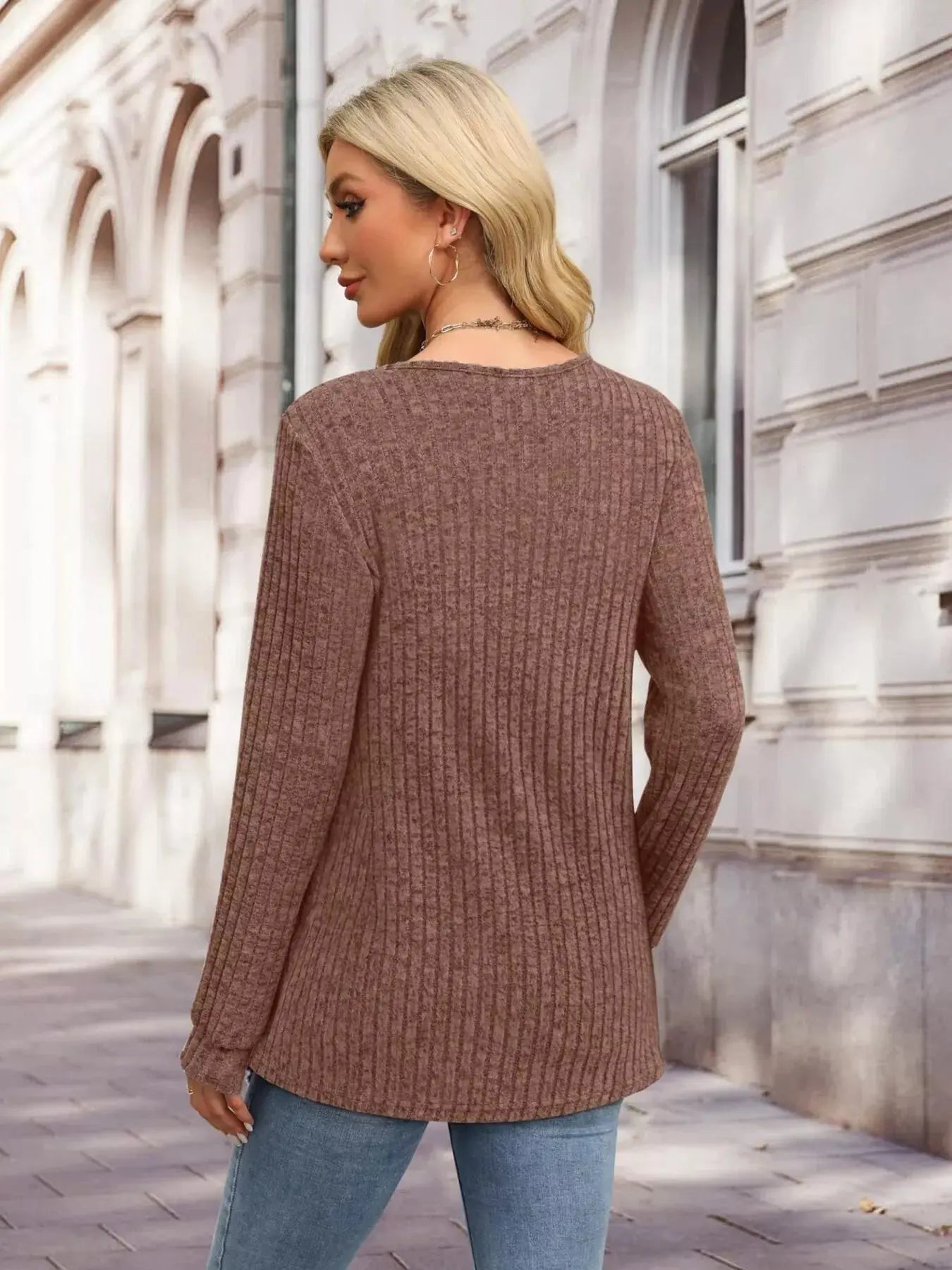 Ribbed Knit Button Front Long Sleeve T Shirt - Be Bliss Boutique