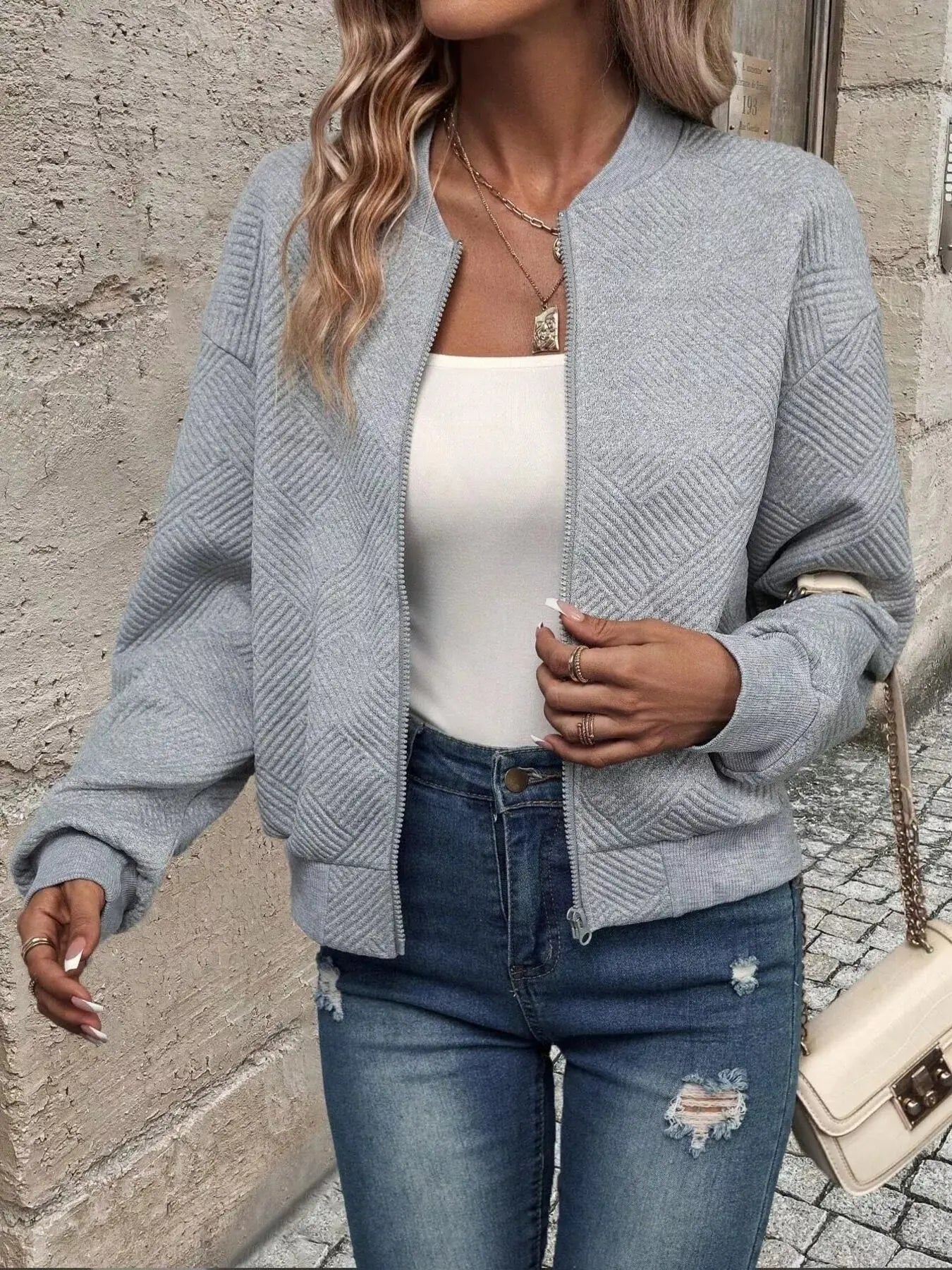 Texture Zip Up Bomber Jacket - Be Bliss Boutique