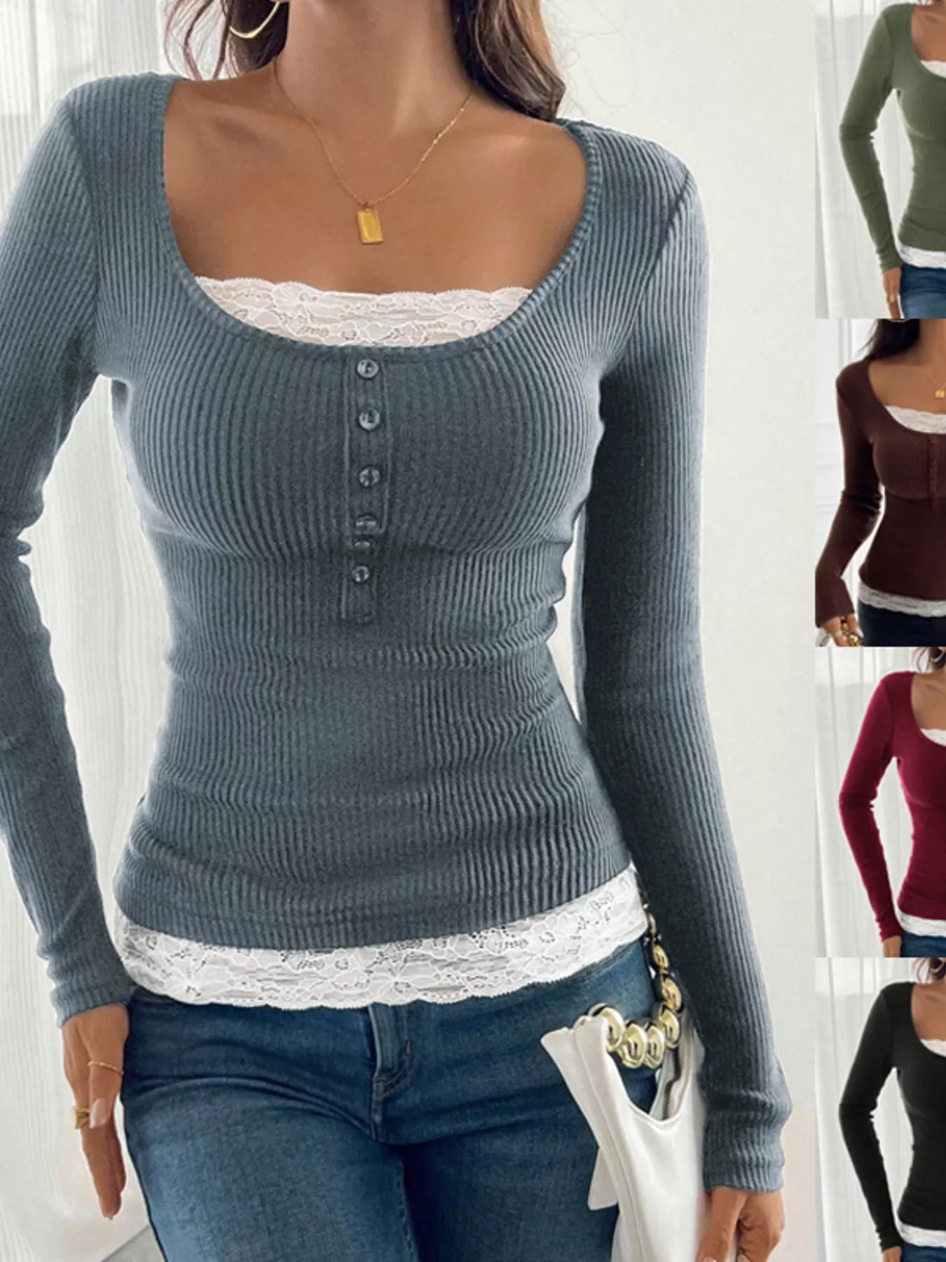 Lace Detail Long Sleeve Ribbed Top - Be Bliss Boutique