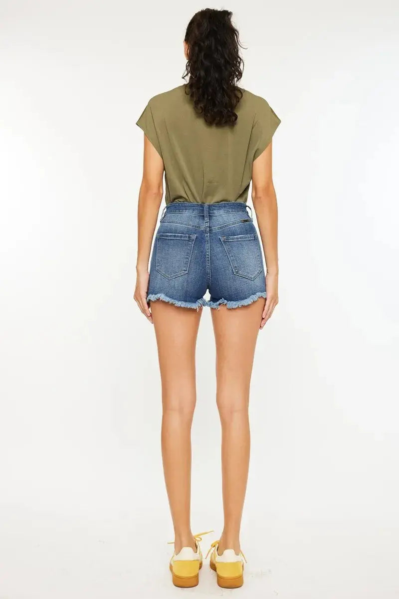 High Rise Frayed Hem Kancan Denim Shorts - Medium Wash - Be Bliss Boutique