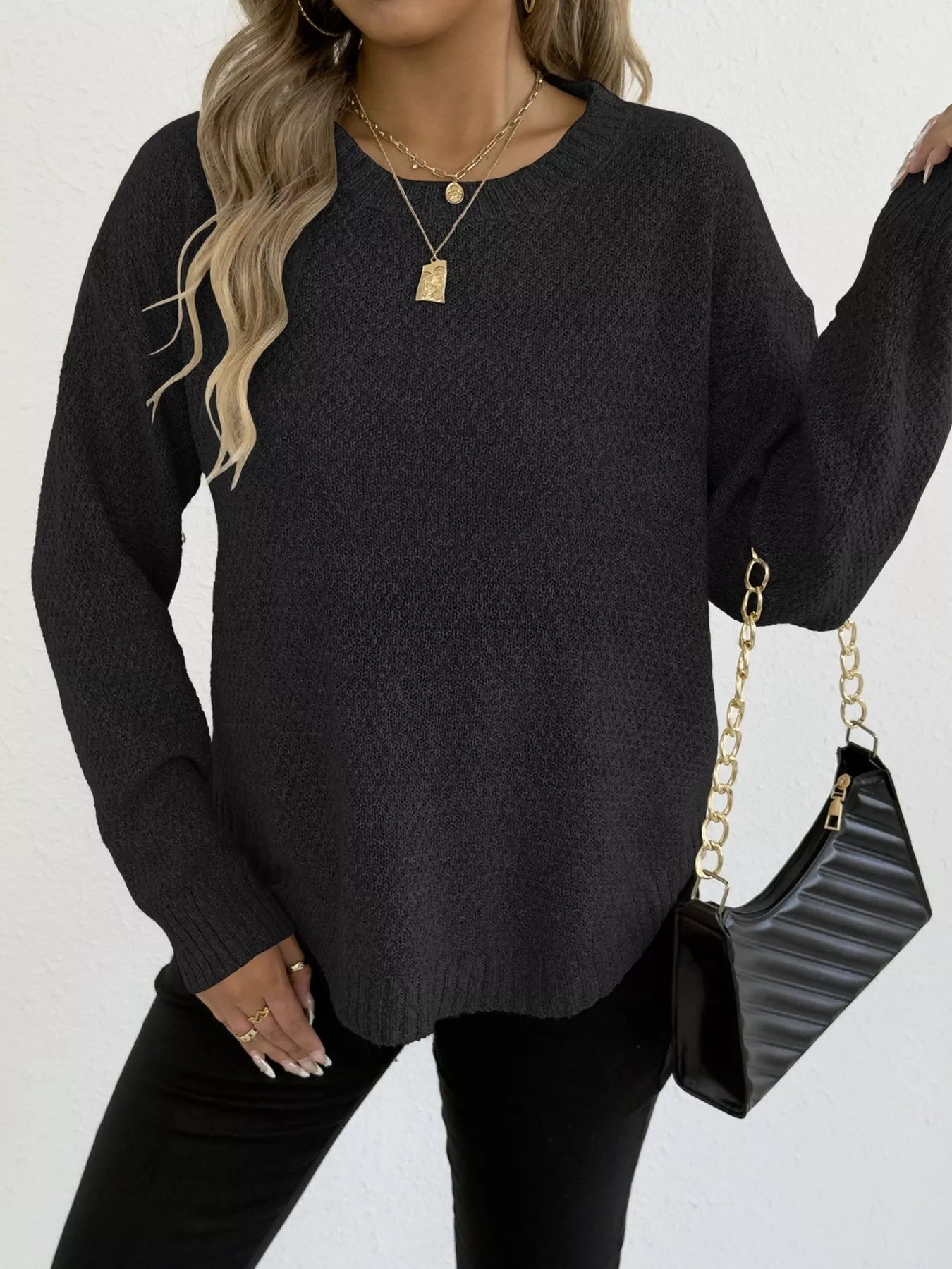 Round Neck Textured Knit Relaxed Fit Sweater - Be Bliss Boutique