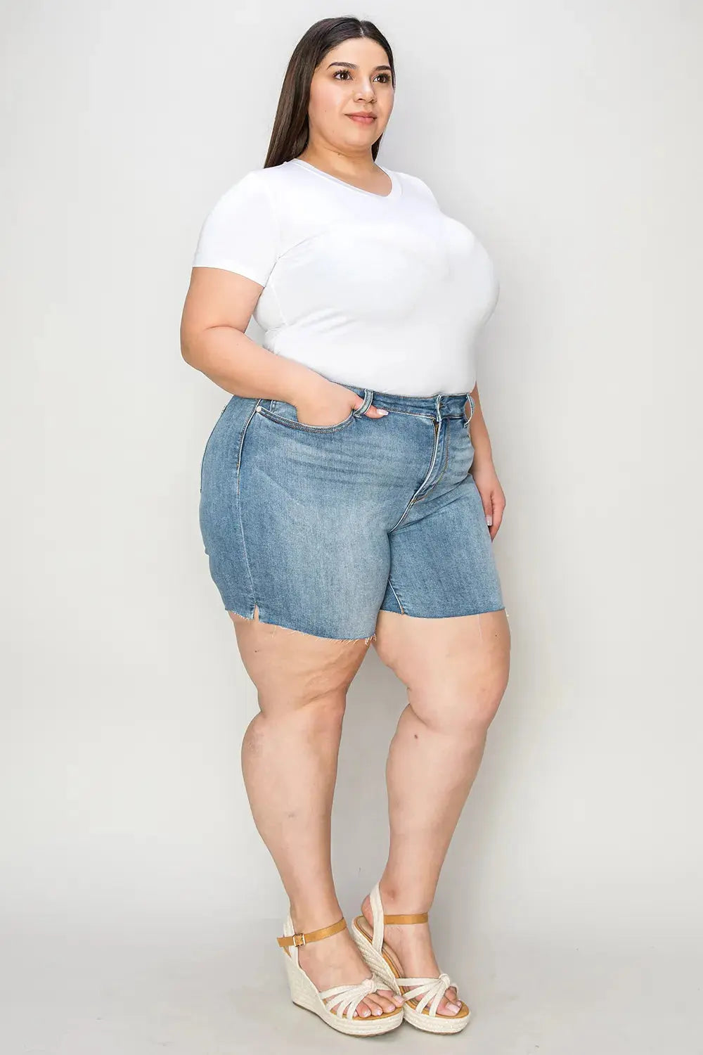 Judy Blue Jeans - Full Size High Waist Raw Hem Denim Shorts - Be Bliss Boutique