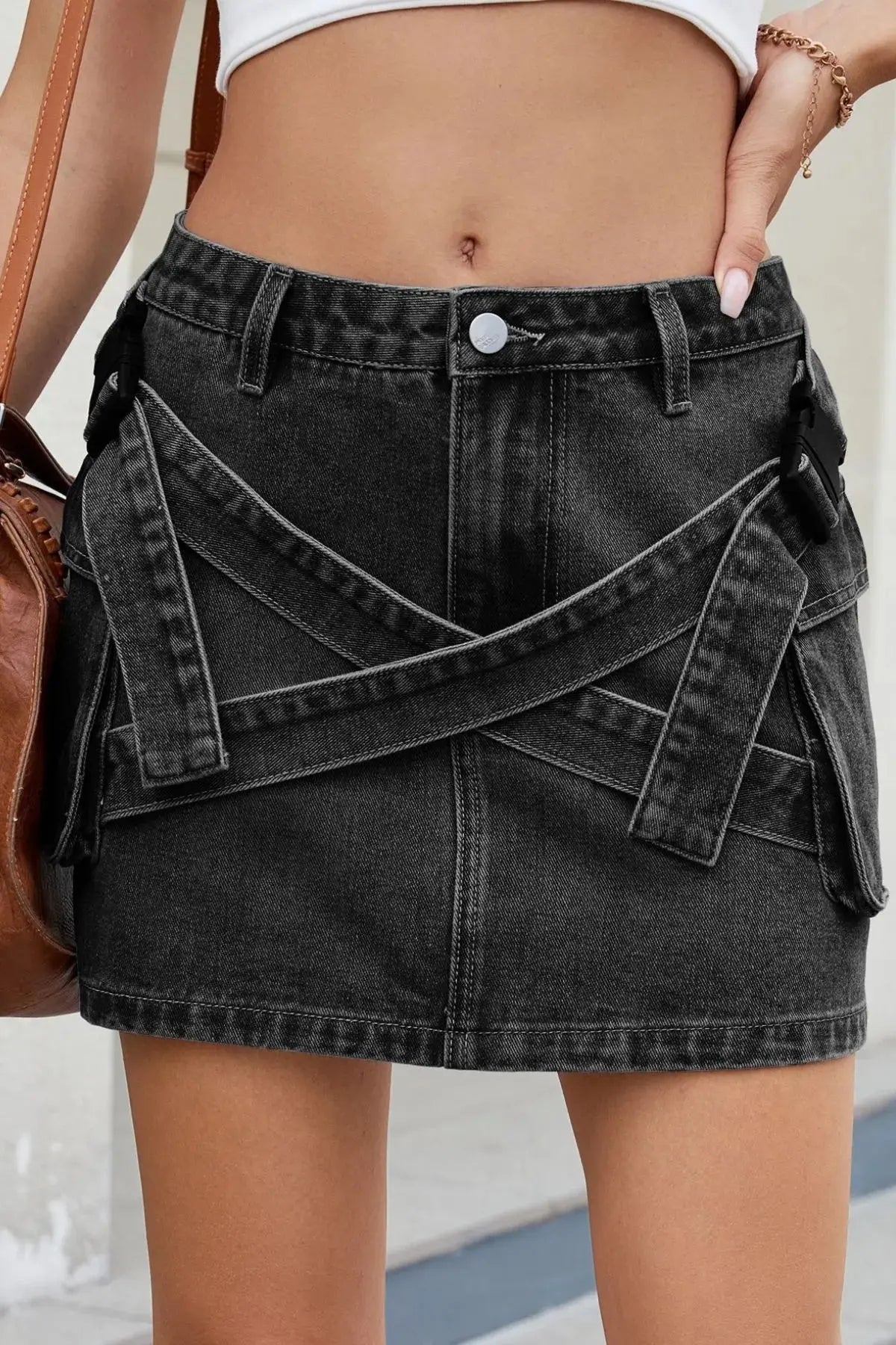 Criss-Cross Waist Pocketed Denim Mini Skirt - Be Bliss Boutique