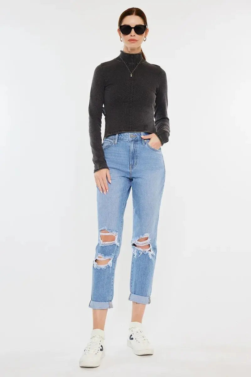 Kancan High Rise Distressed Mom Jeans - Be Bliss Boutique