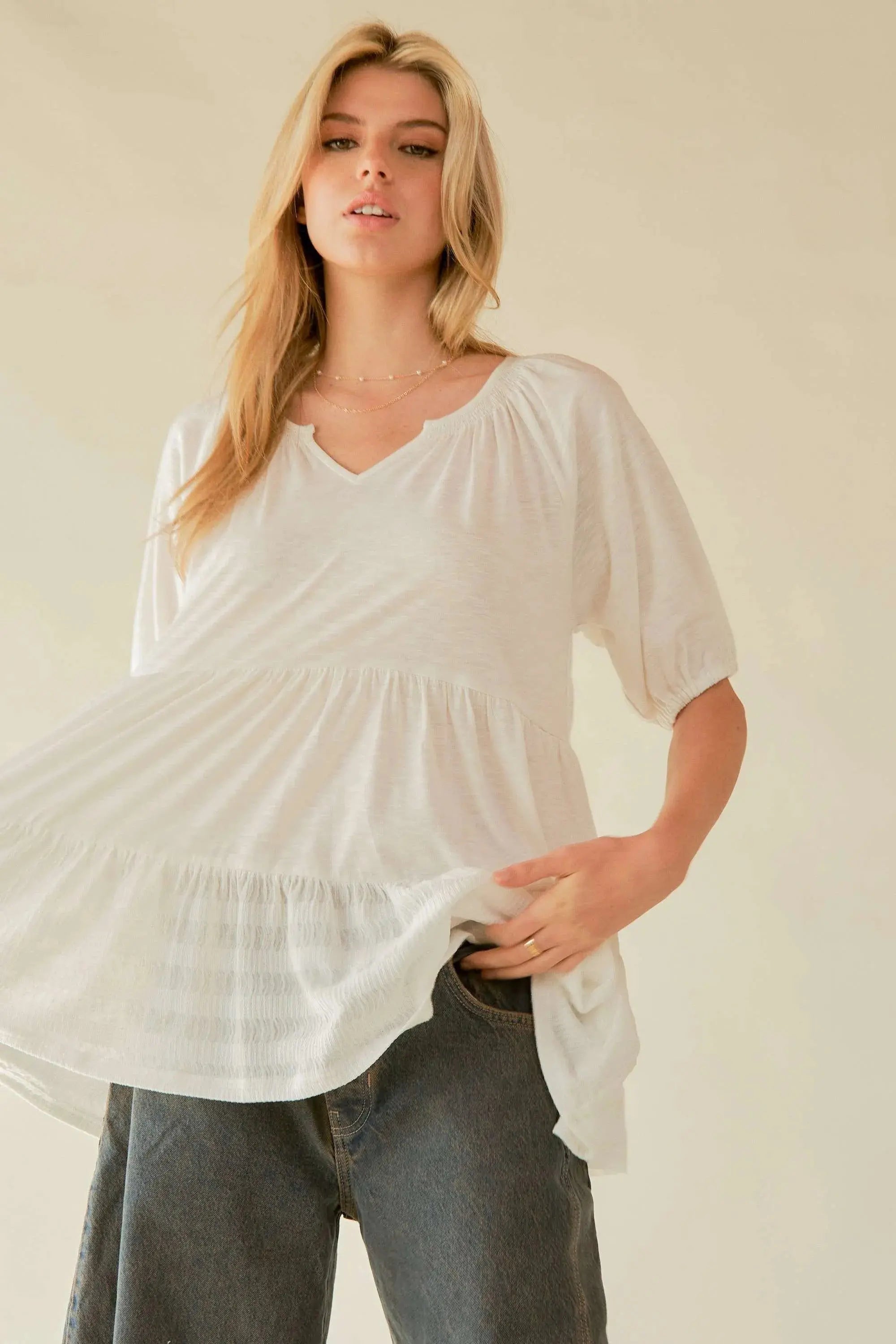 Davi & Dani Ruffled Flared Short Sleeve V Neck Blouse - Be Bliss Boutique