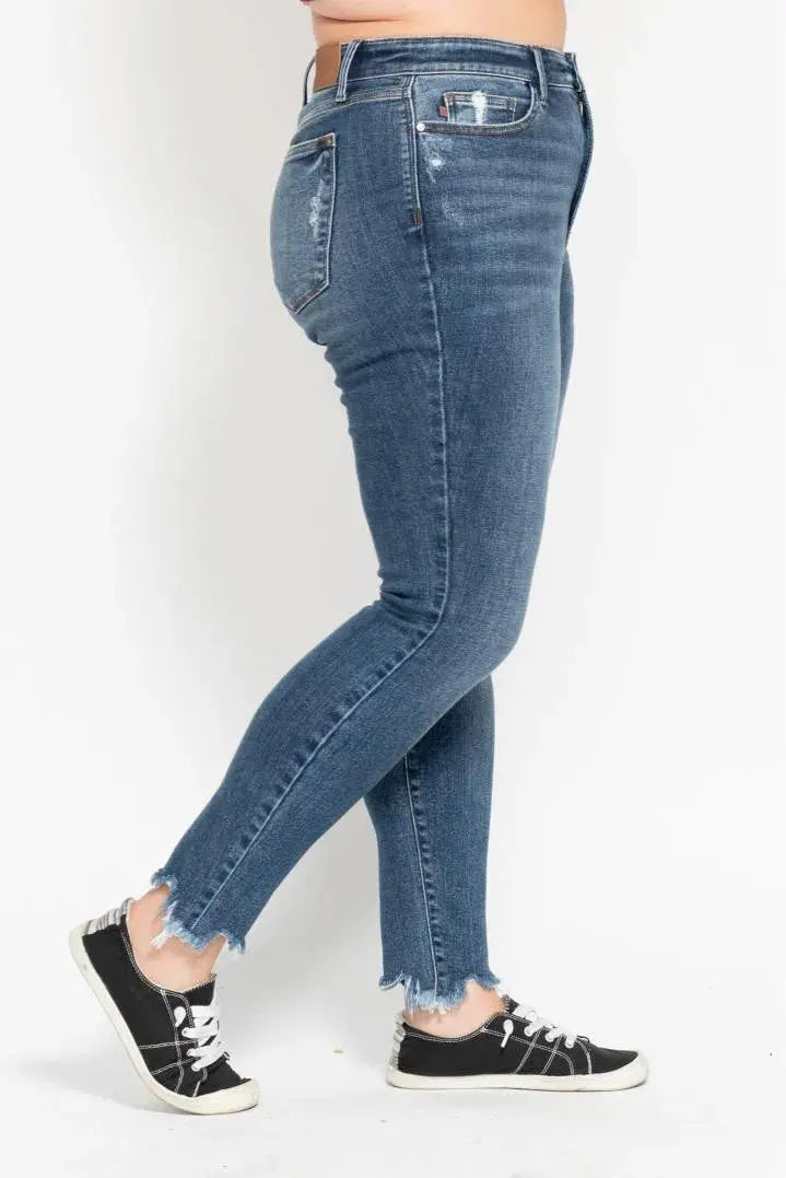 Plus Size High Waist Skinny Judy Blue Jeans with Destroy & Shark Bit Hem - Be Bliss Boutique