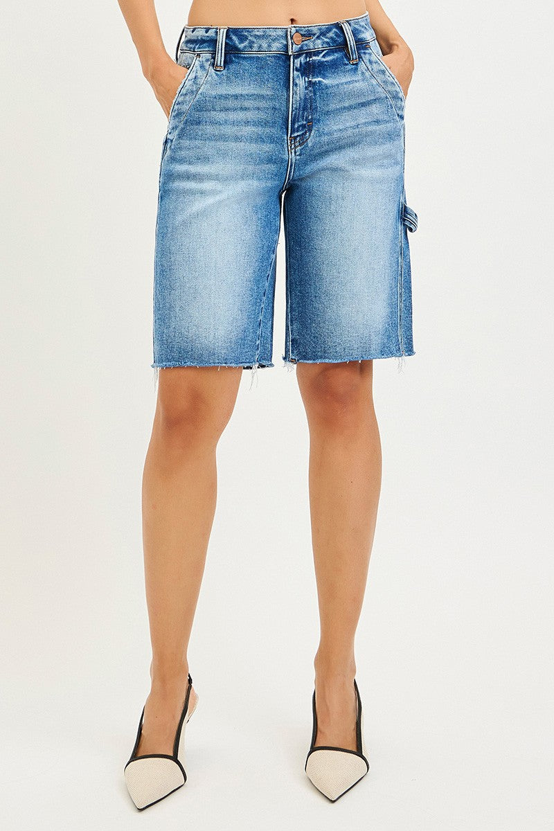 RISEN High Waisted Bermuda Jean Shorts with Side Tab Detail - Be Bliss Boutique