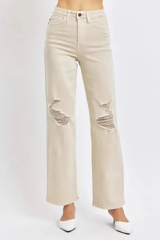 Bone Full/Plus Size High Waist Distressed Wide Leg Judy Blue Jeans - Be Bliss Boutique