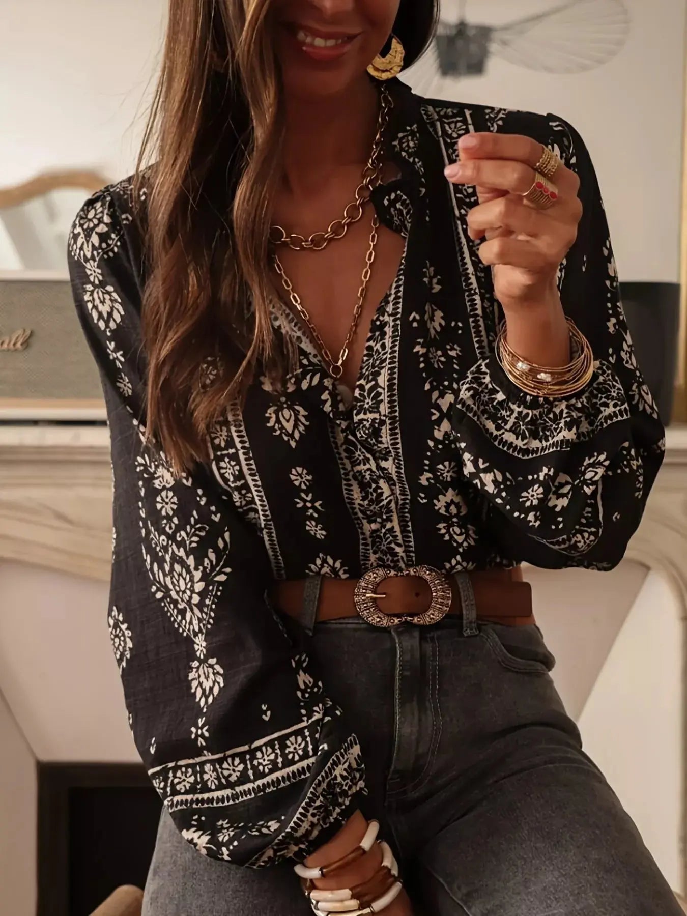 Printed Long Sleeve Boho Blouse - Be Bliss Boutique