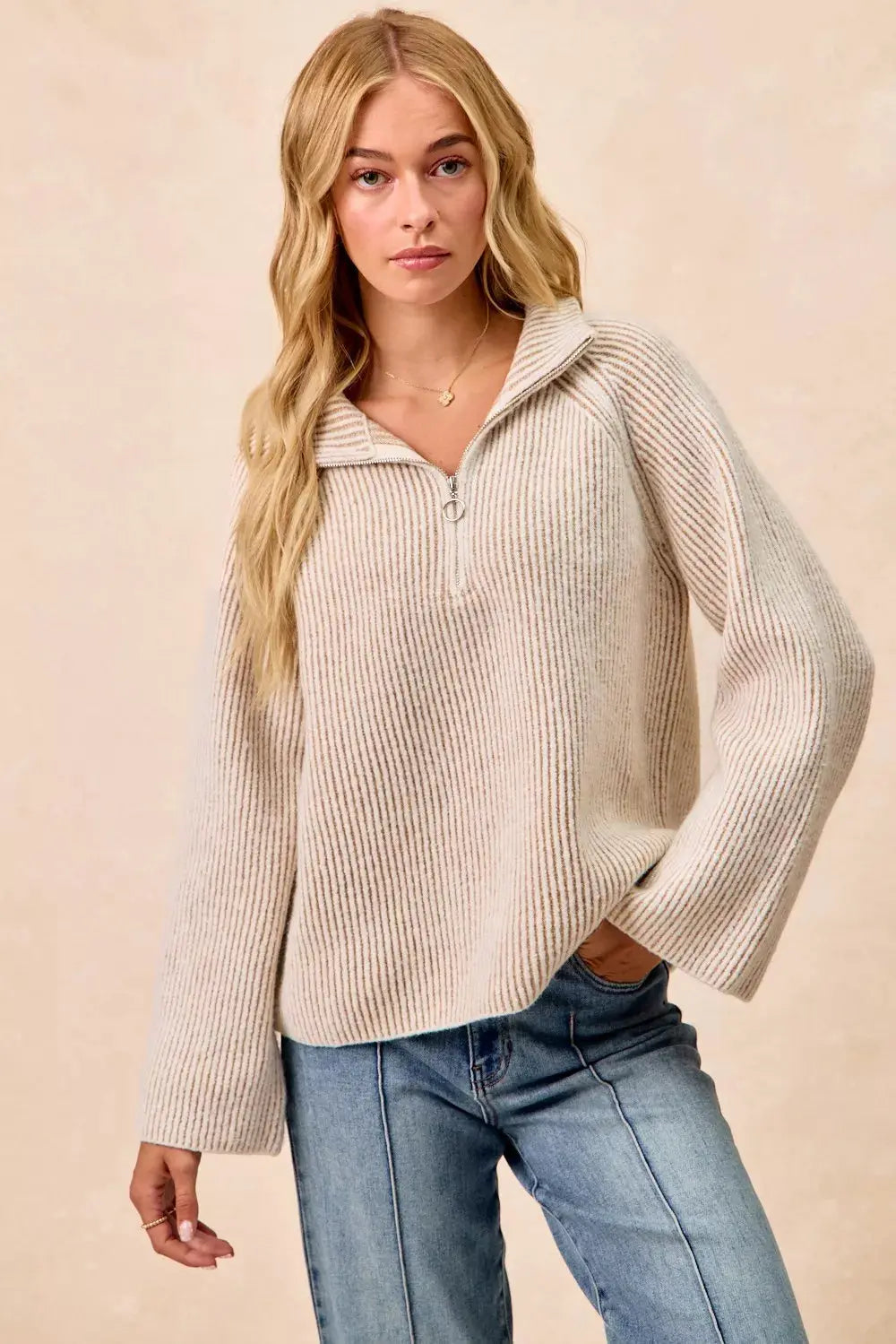 BiBi Two Tone Ribbed Textured Knit Sweater with Zip Up Collar - Be Bliss Boutique