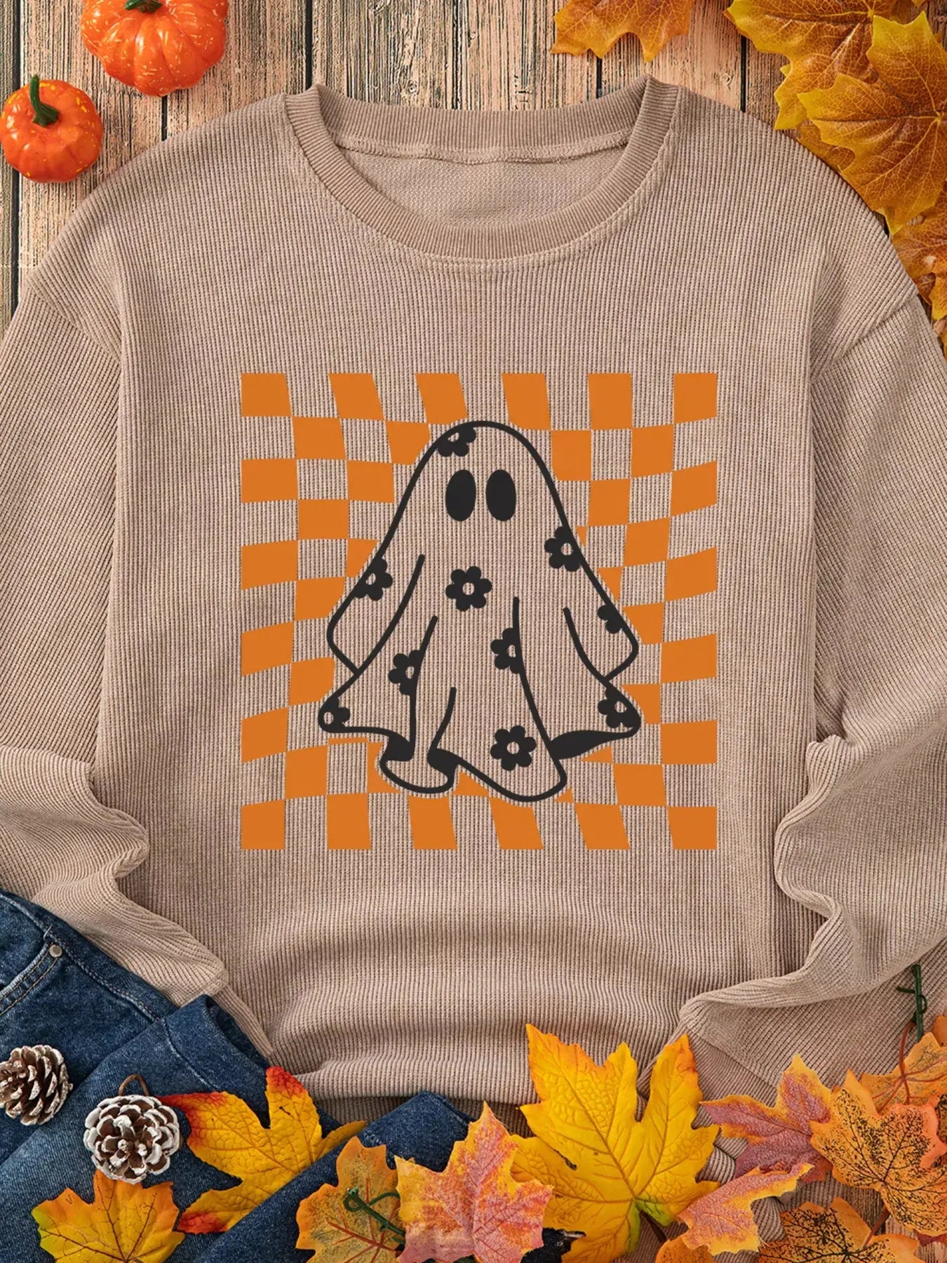 Ribbed Checkerboard Floral Ghost Halloween Graphic Sweatshirt - Be Bliss Boutique