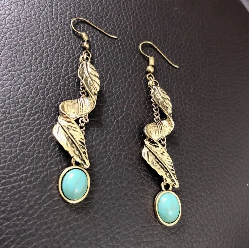 Artificial Turquoise Alloy Leaf Earrings - Be Bliss Boutique