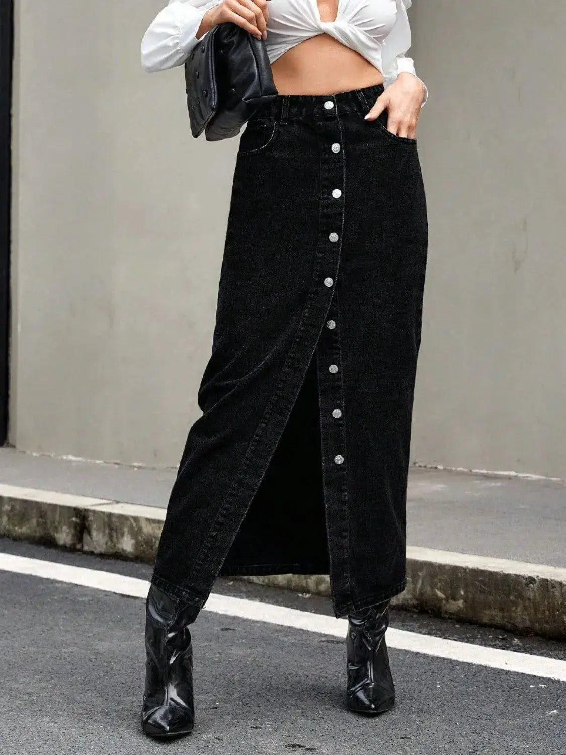 Black Button Front Denim Maxi Skirt with Slit - Be Bliss Boutique