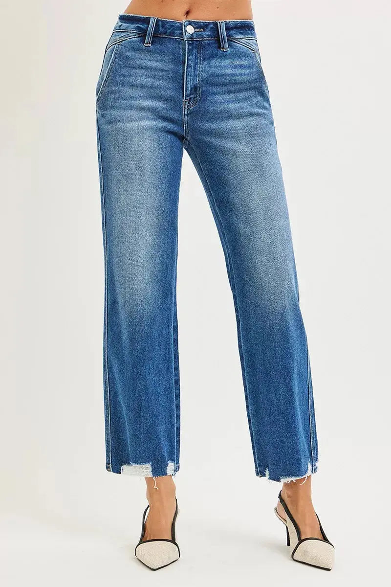 RISEN Jeans - High Rise Ankle Straight Distressed Hem Detail Jeans - Be Bliss Boutique