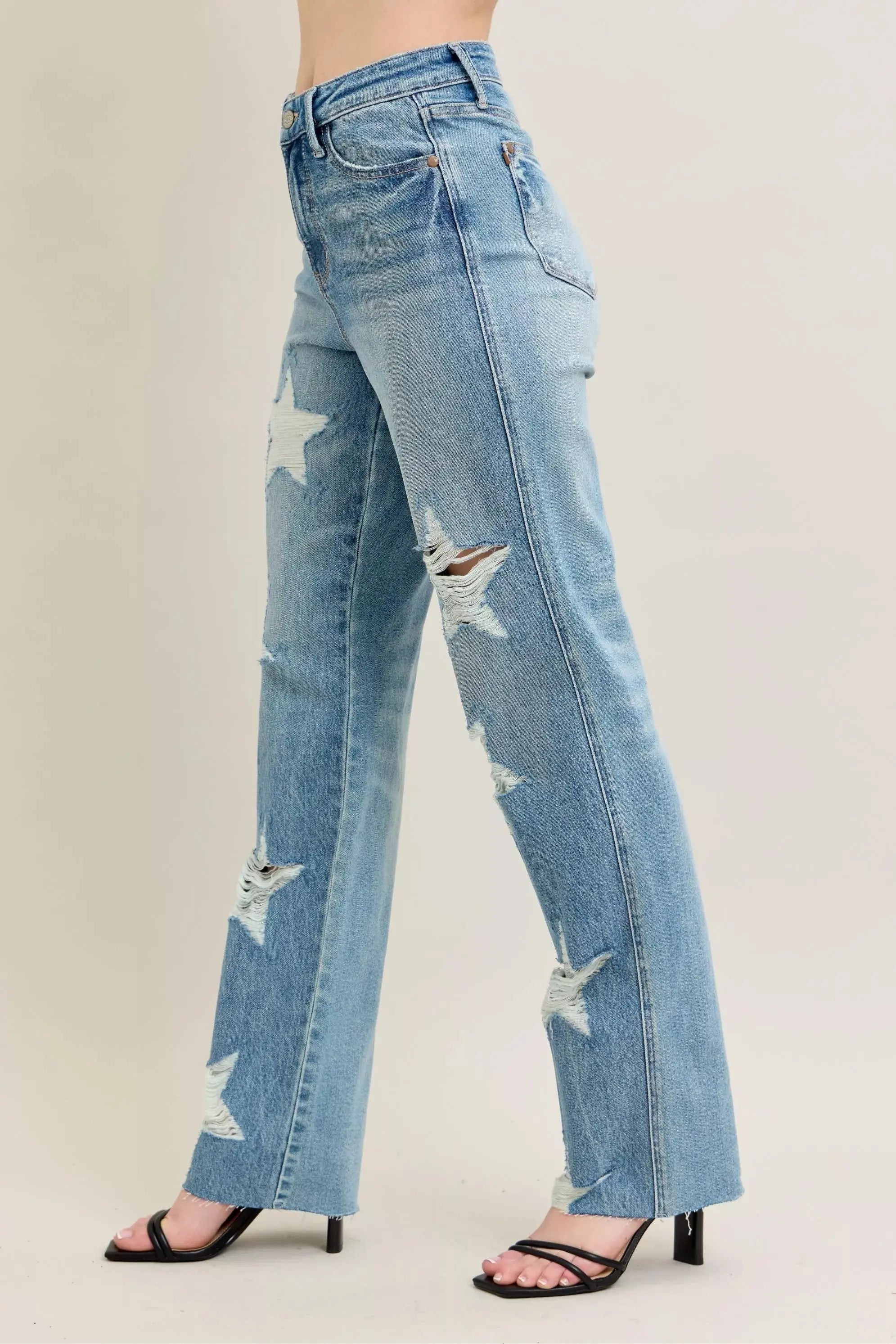Judy Blue Full Size High Waist Rigid 90's Straight Jeans with Magic Star Shaped Destroy - Be Bliss Boutique