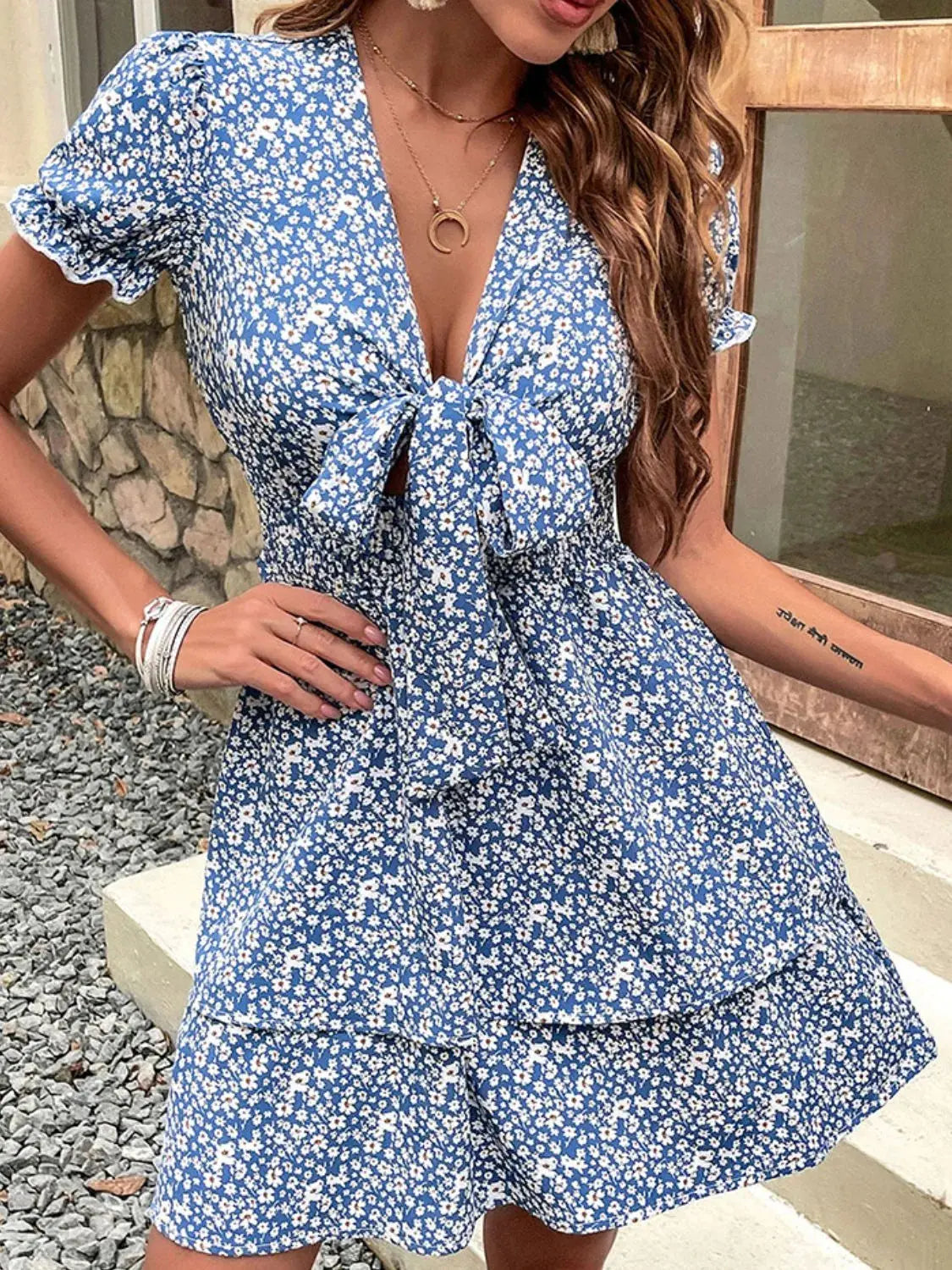 Blue Ditsy Floral Tie Front Mini Dress with Ruffled Flutter Sleeves - Be Bliss Boutique