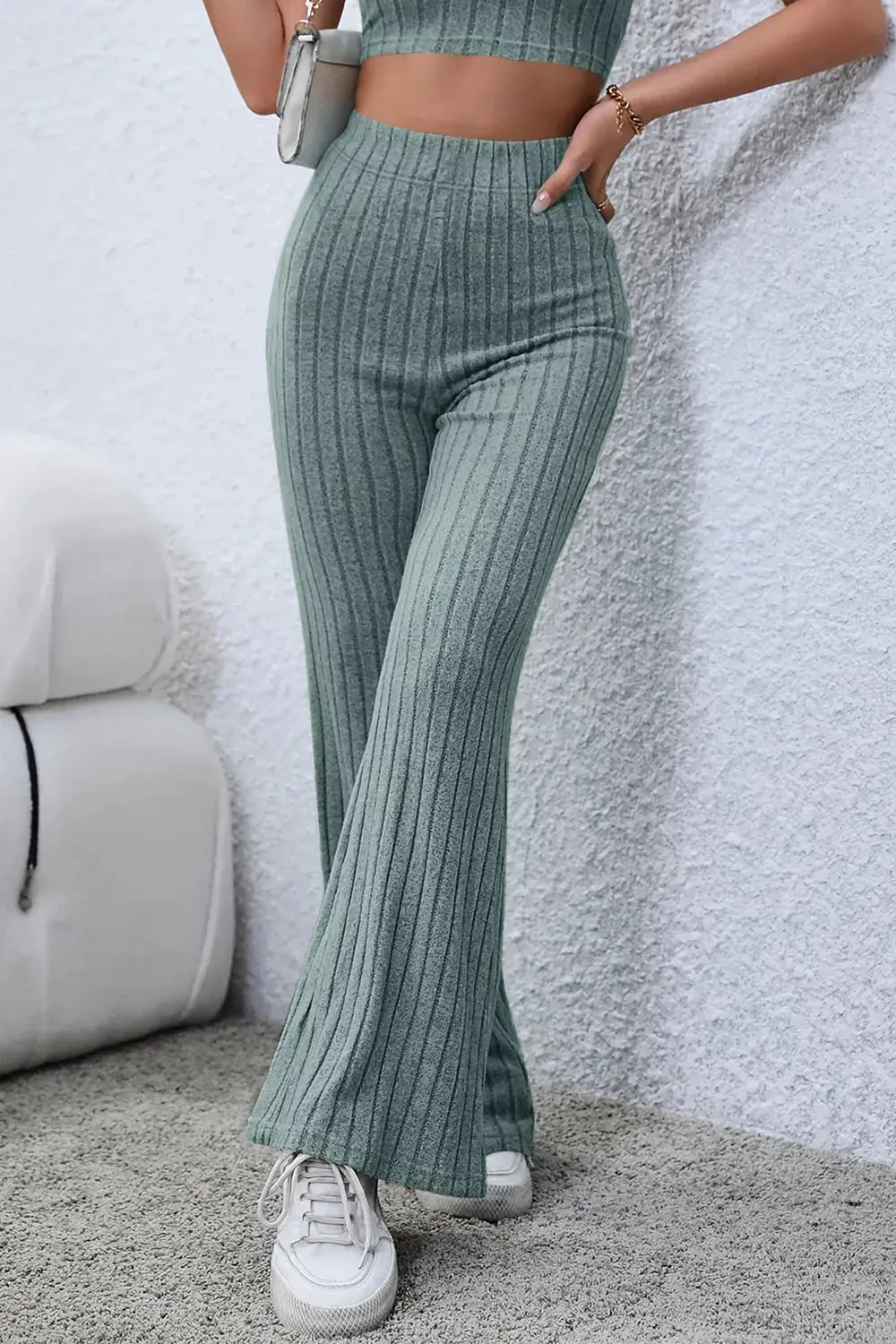 Basic Bae Full Size Ribbed High Waist Flare Pants - Be Bliss Boutique