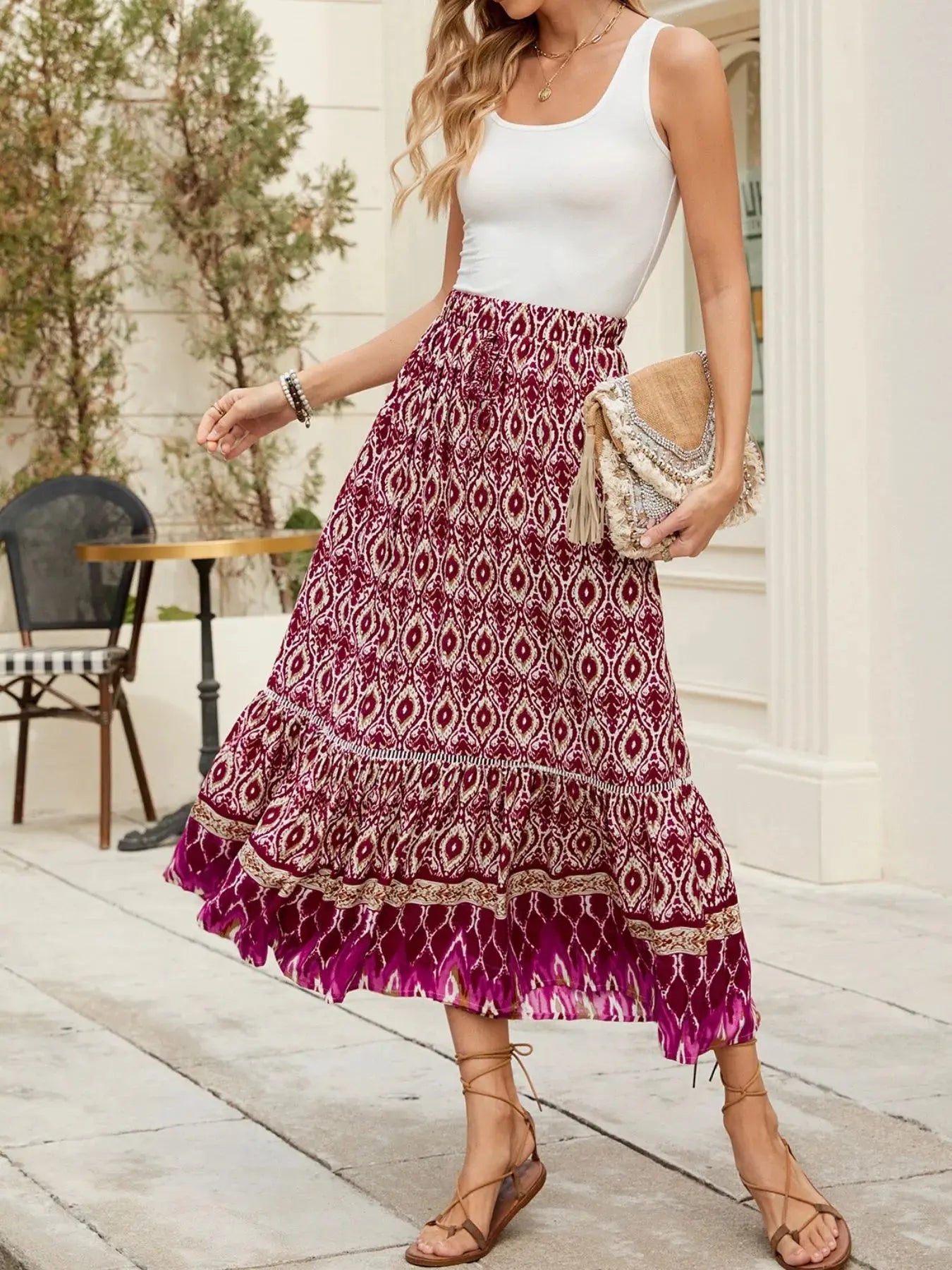 Printed Ruched Bohemian Maxi Skirt - Be Bliss Boutique