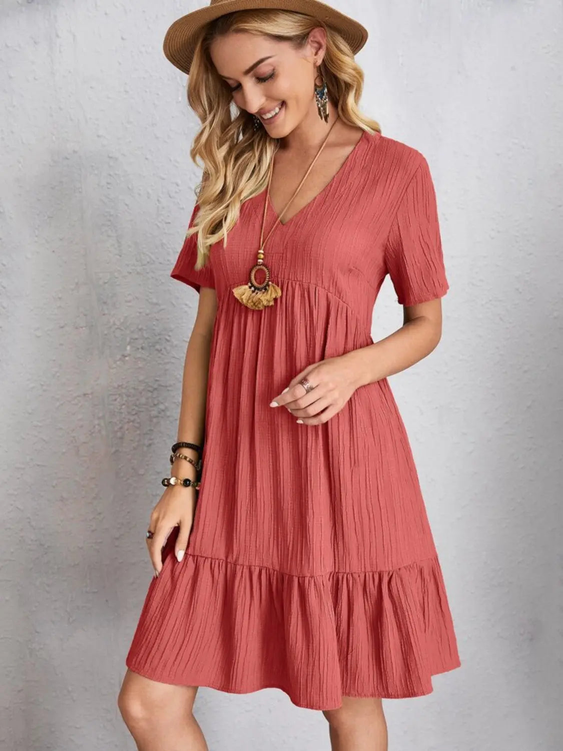 Boho Textured V-Neck Short Sleeve Babydoll Dress - Be Bliss Boutique