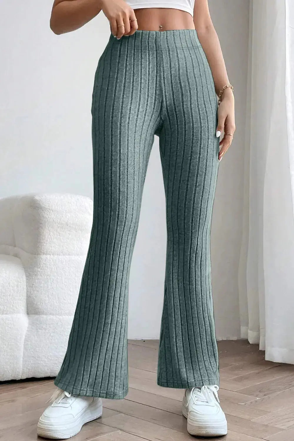Basic Bae Full Size Ribbed High Waist Flare Pants - Be Bliss Boutique