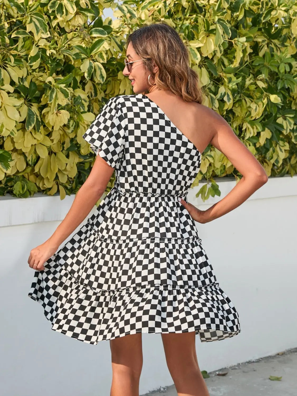 Checkered Single Shoulder Mini Dress - Be Bliss Boutique