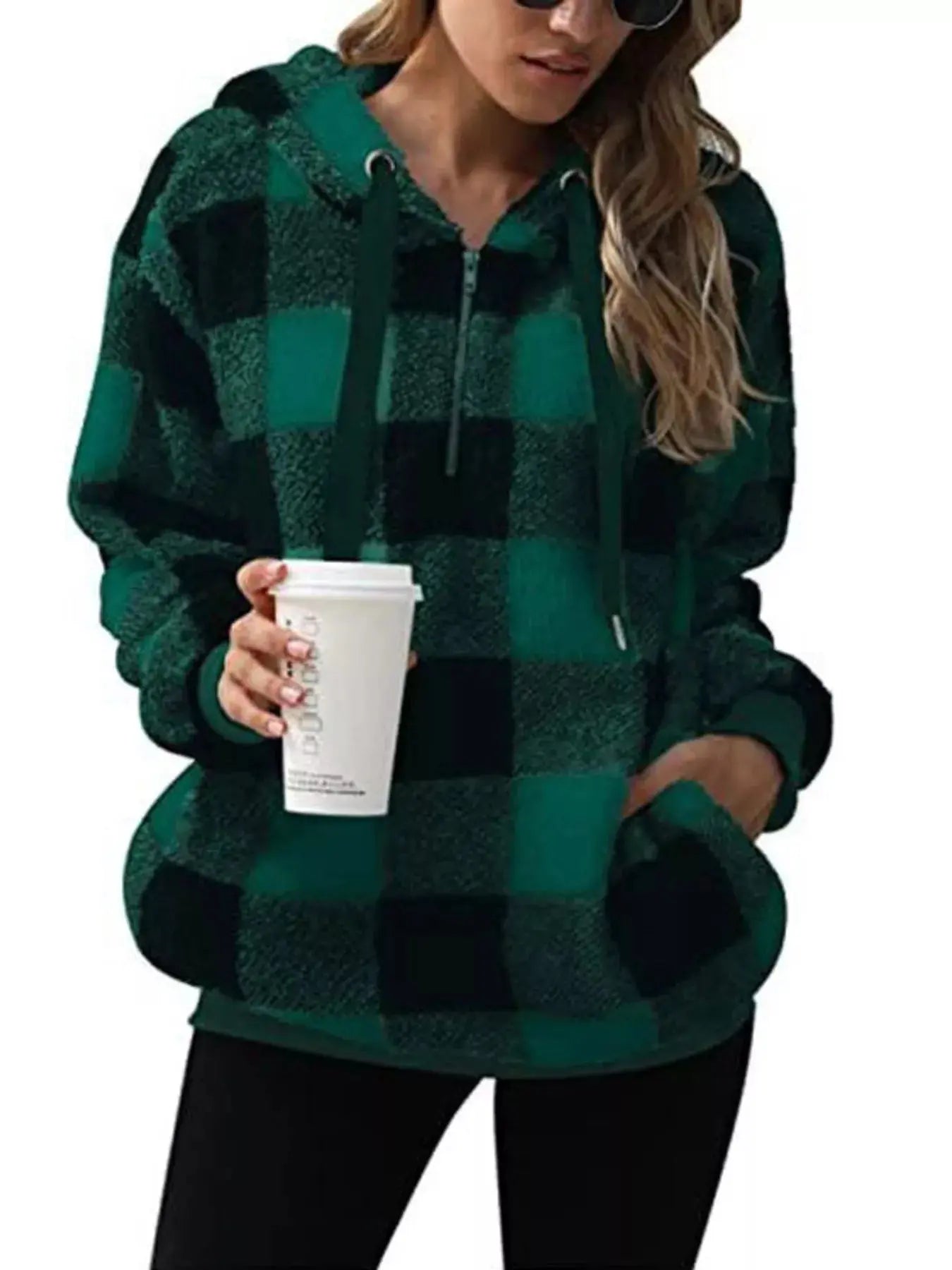 Plus Size Plaid Drawstring Sherpa Hoodie - Be Bliss Boutique