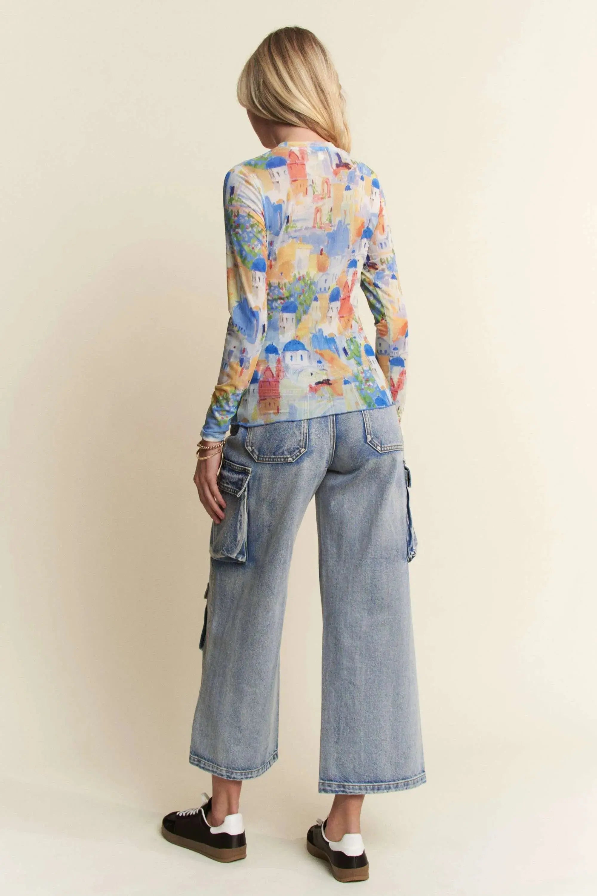 Davi & Dani Multi Printed Round Neck Mesh Long Sleeve Top - Be Bliss Boutique