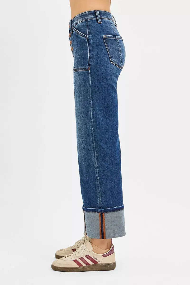 RISEN Jeans - Full Size High Rise Crop Wide Straight Cuffed Jeans - Be Bliss Boutique