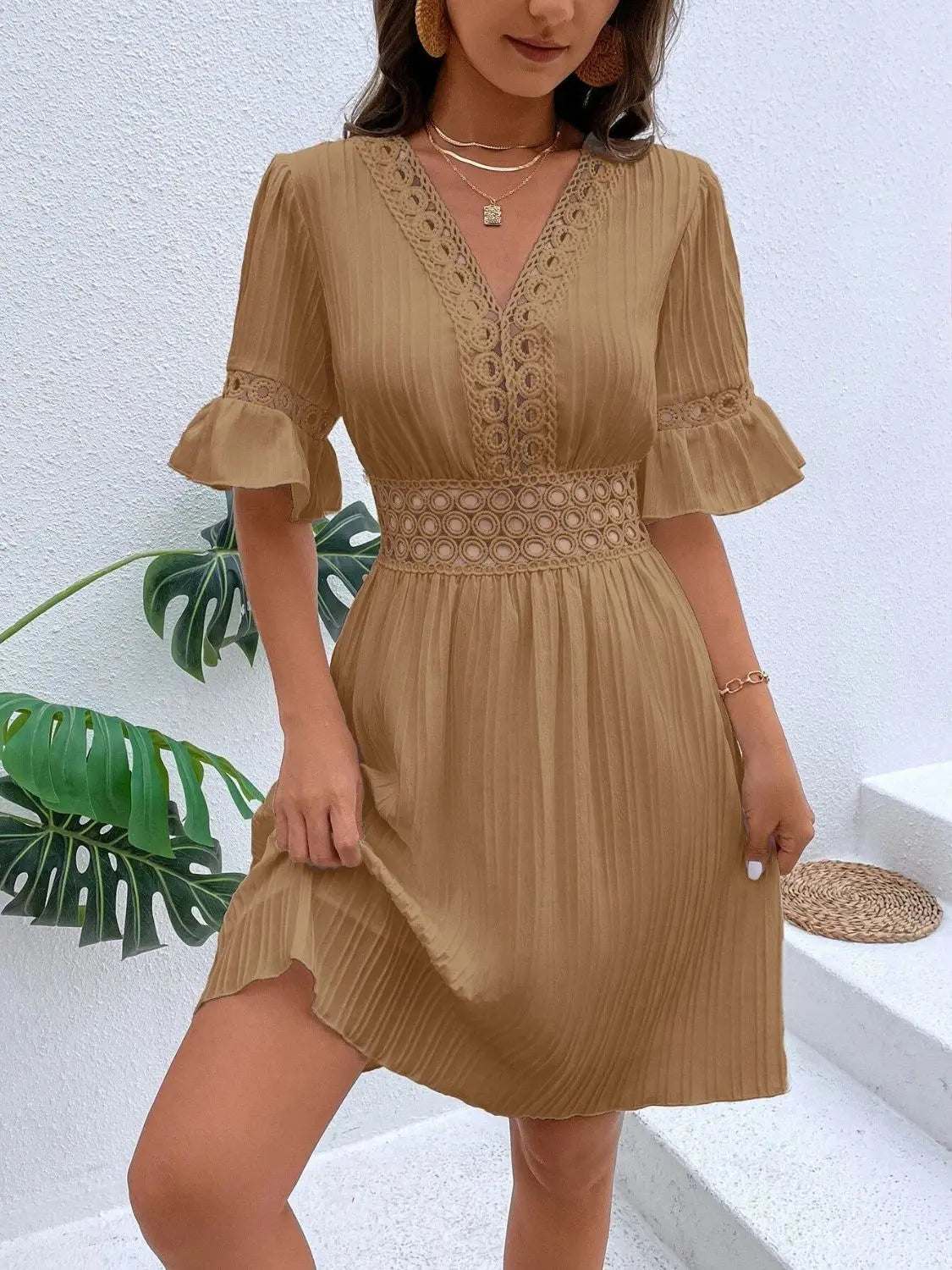 Cutout V-Neck Flounce Sleeve Mini Dress - Be Bliss Boutique