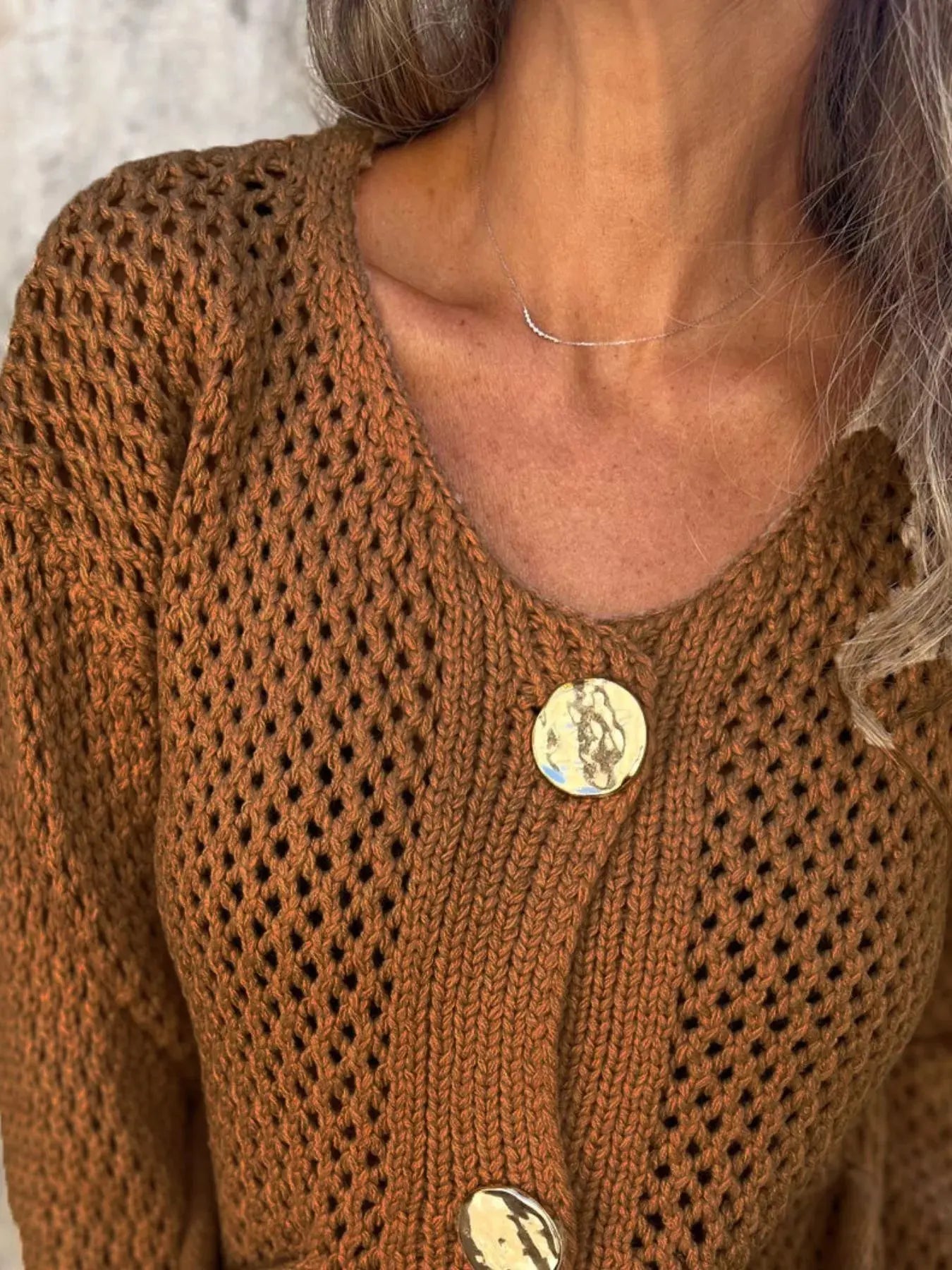 Crochet Button Up Long Sleeve Cardigan - Be Bliss Boutique