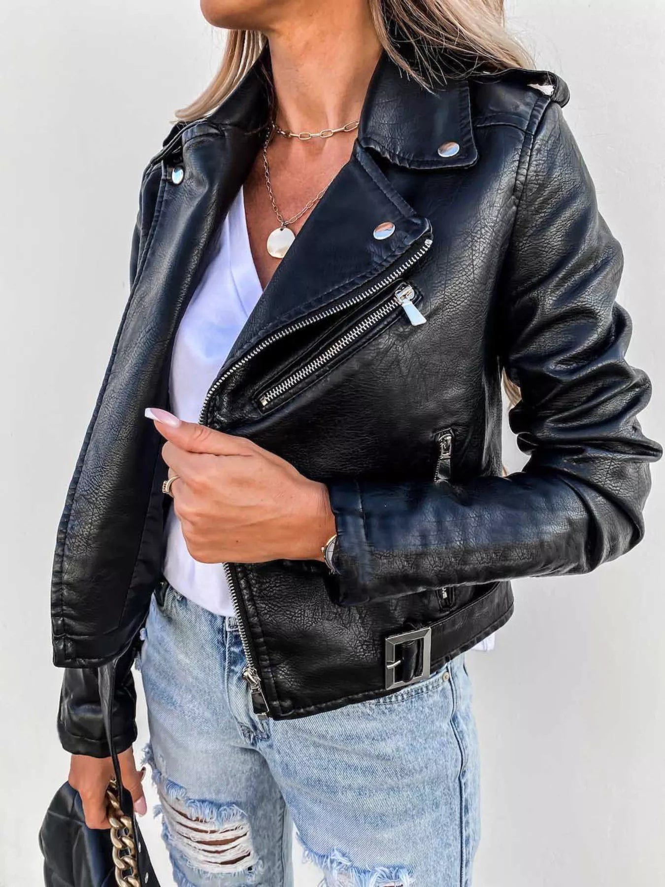 Full Size Zip Up Leather Motorcycle Biker Jacket Plus Size -  Be Bliss Boutique