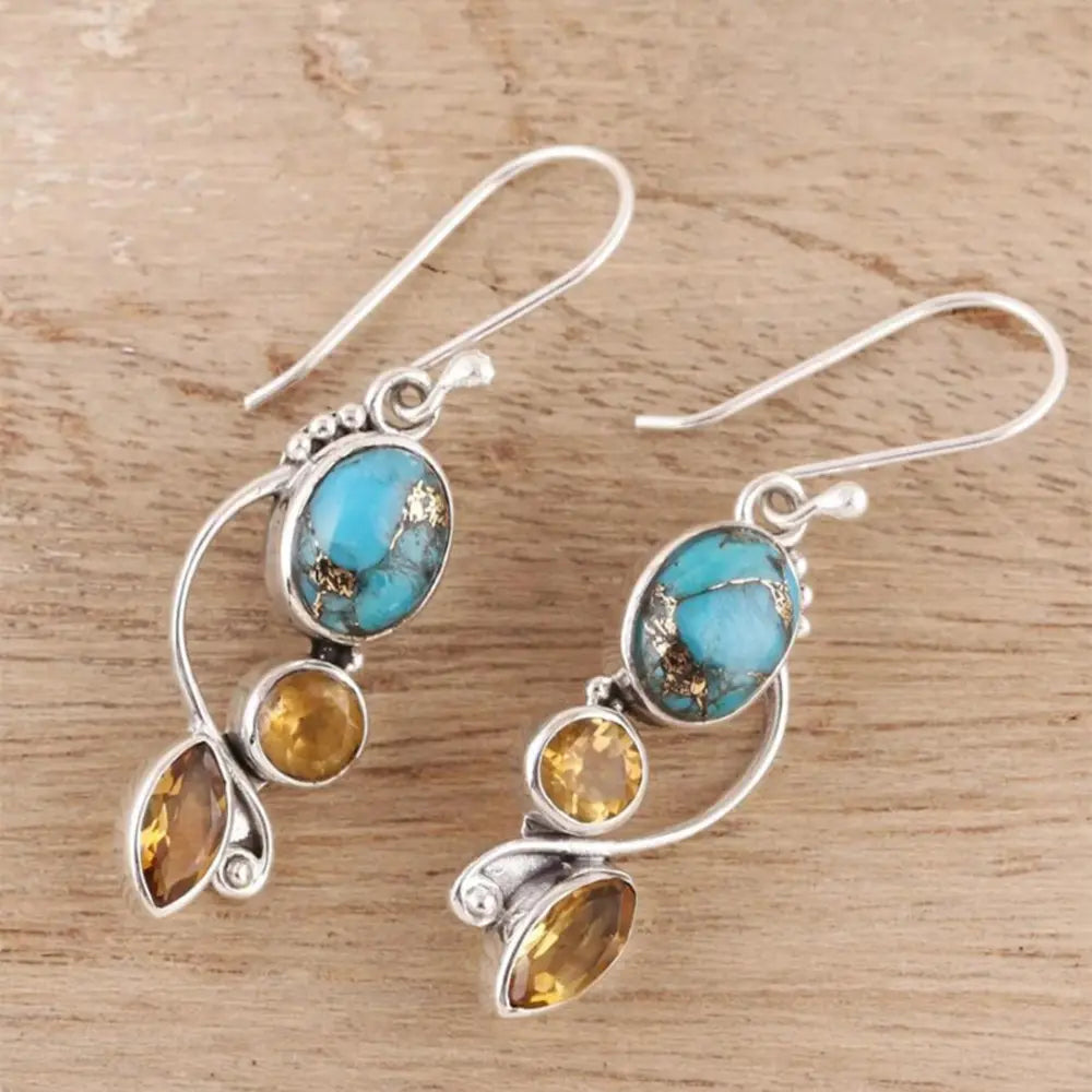 Turquoise & Amber-Inspired Geometric Alloy Dangle Earrings - Be Bliss Boutique