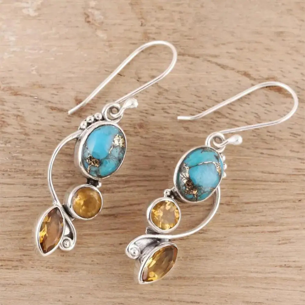 Turquoise & Amber-Inspired Geometric Alloy Dangle Earrings - Be Bliss Boutique