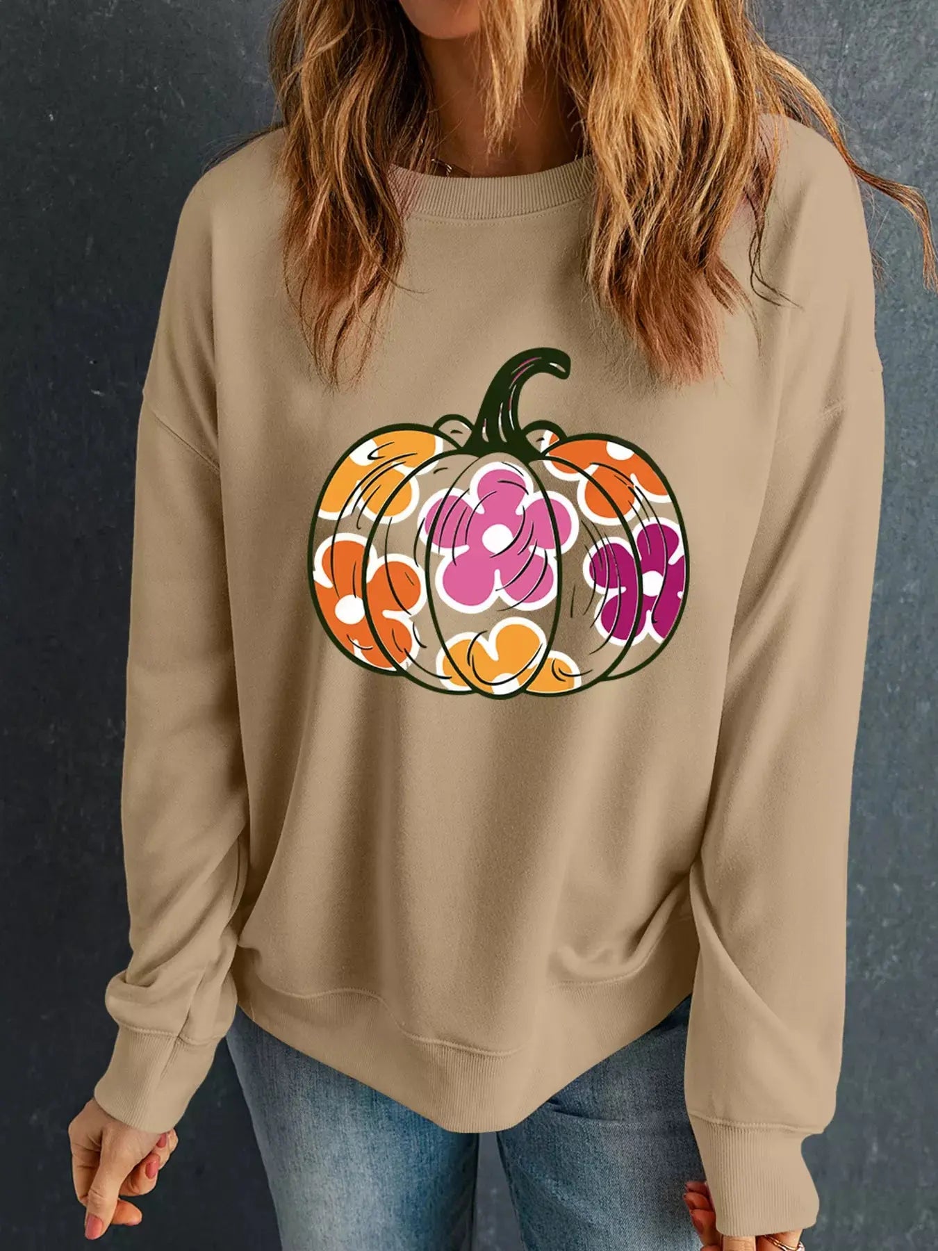 Drop Shoulder Floral Pumpkin Halloween Graphic Sweatshirt - Be Bliss Boutique