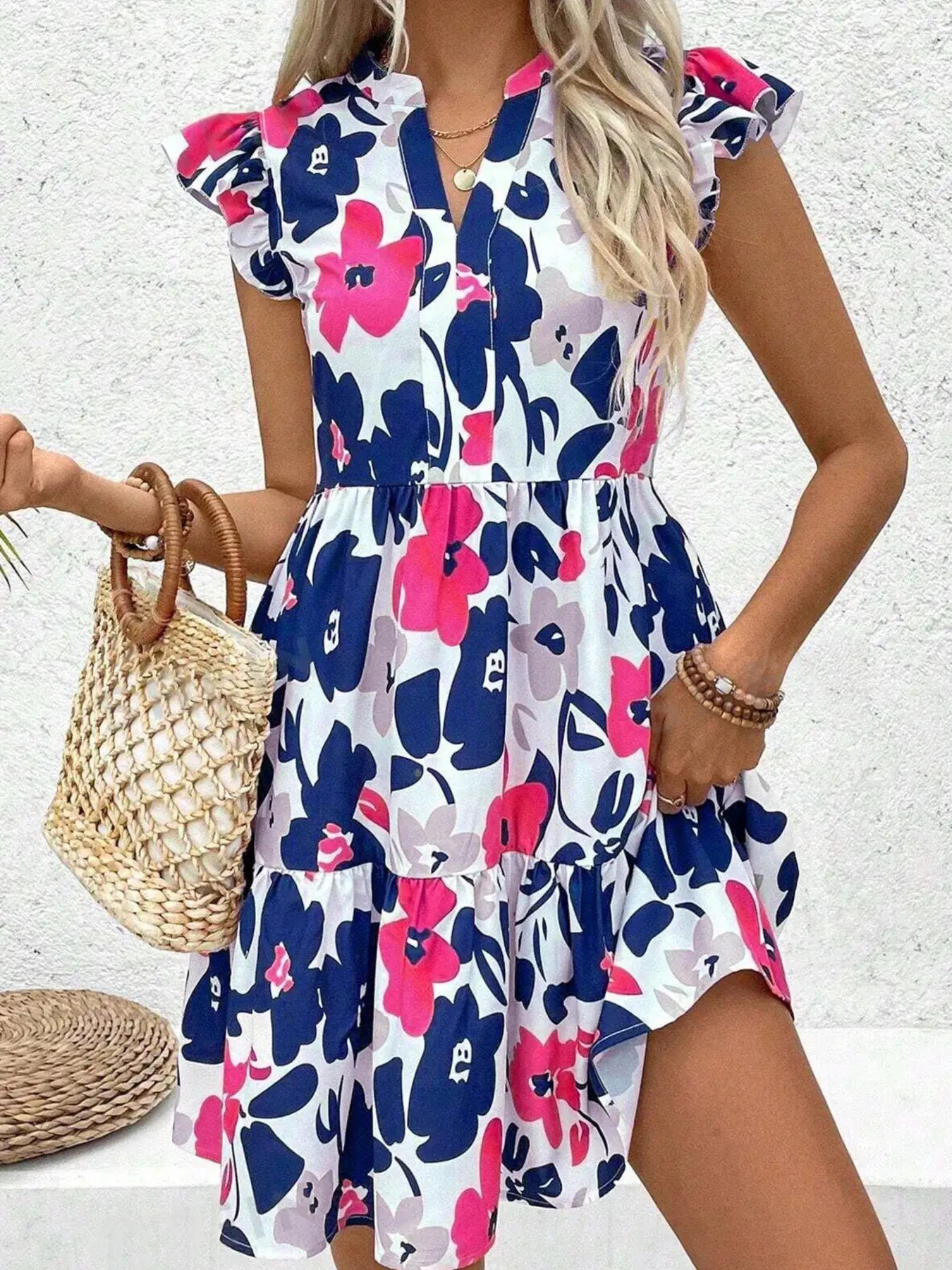 Bold Bloom Notched Neck Flutter Sleeve Mini Dress - Be Bliss Boutique