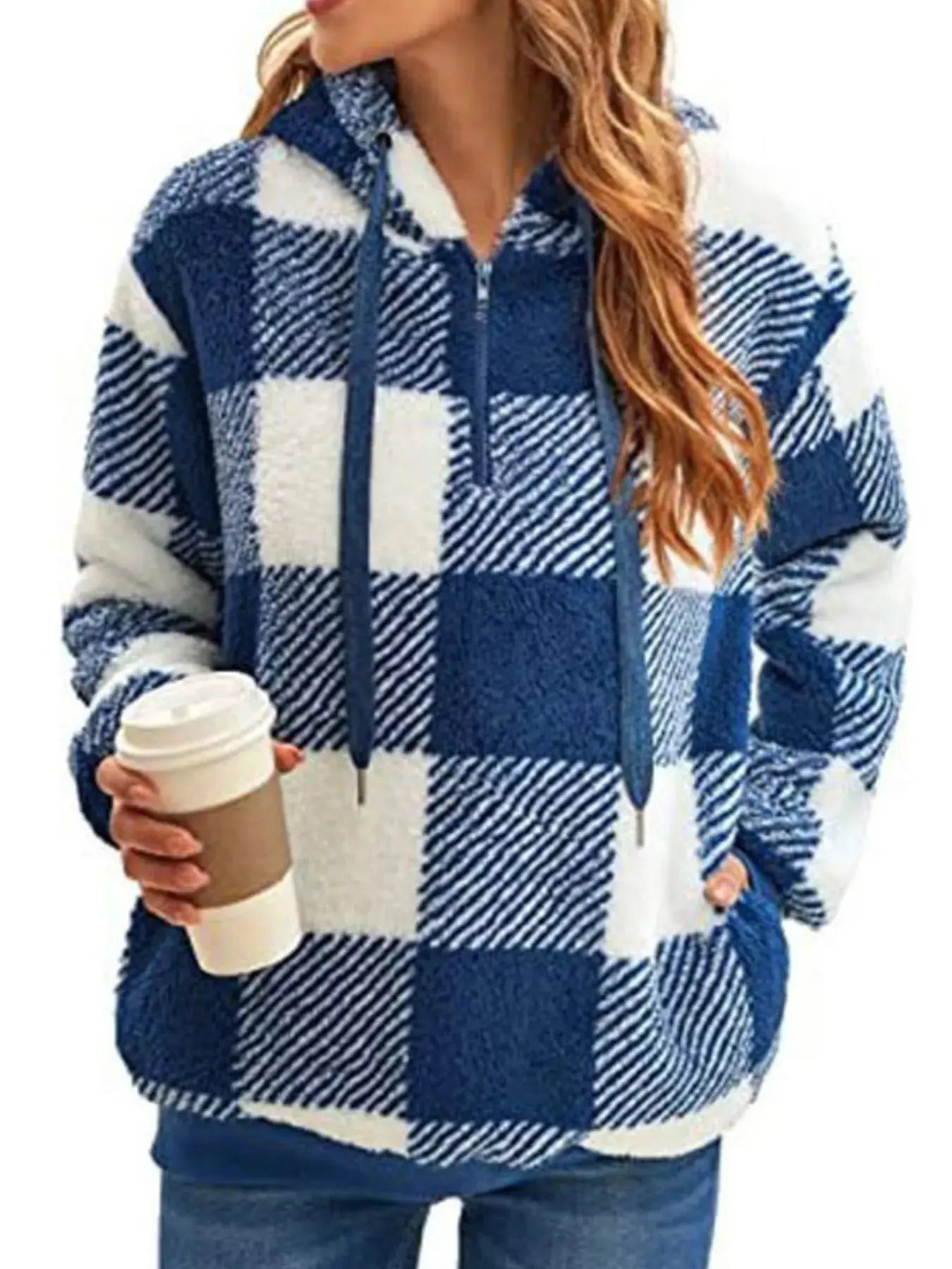 Plus Size Plaid Drawstring Sherpa Hoodie - Be Bliss Boutique