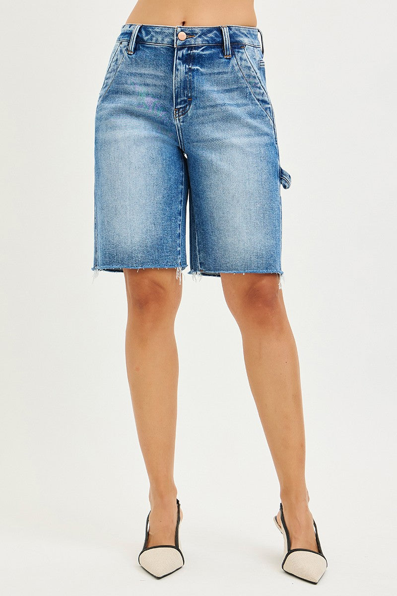 RISEN High Waisted Bermuda Jean Shorts with Side Tab Detail - Be Bliss Boutique