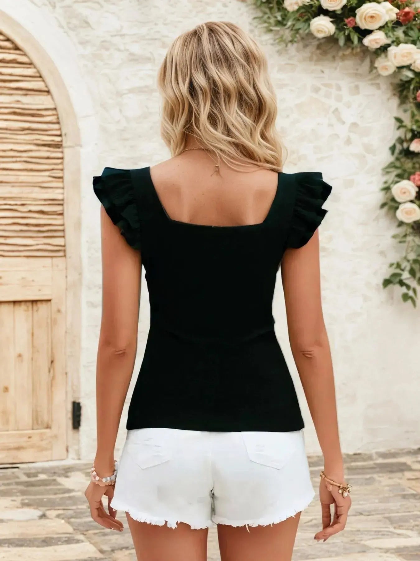 Square Neck Ruffled Cap Sleeve Top – Black - Be Bliss Boutique