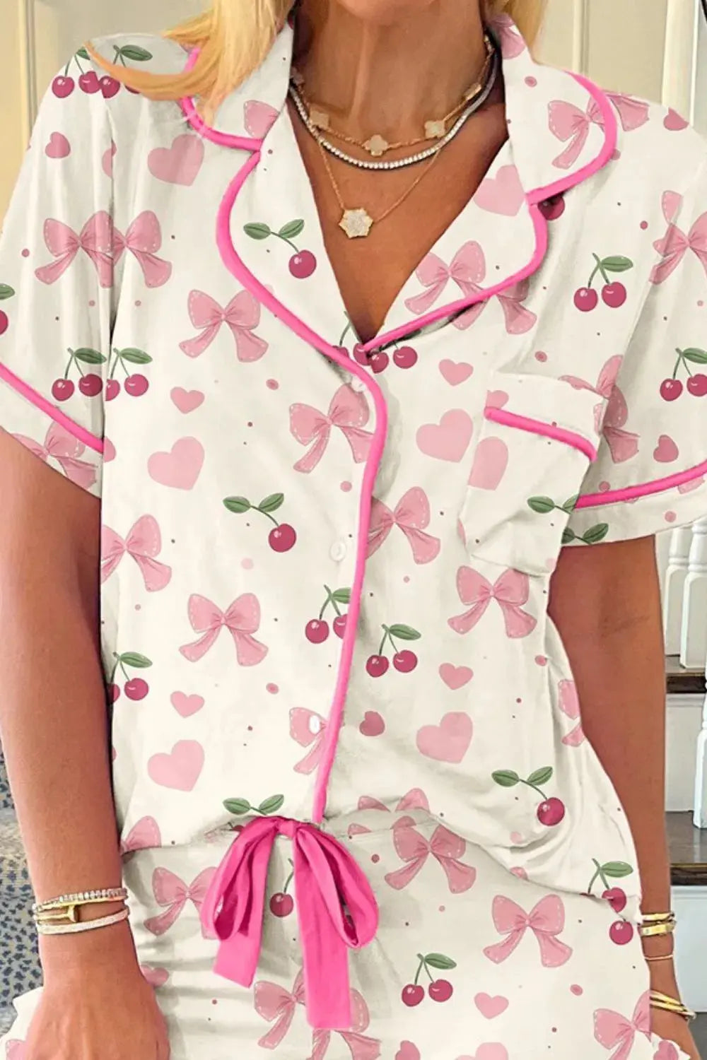 Cherry Bow Print Button Up Womens Loungewear Set - Be Bliss Boutique