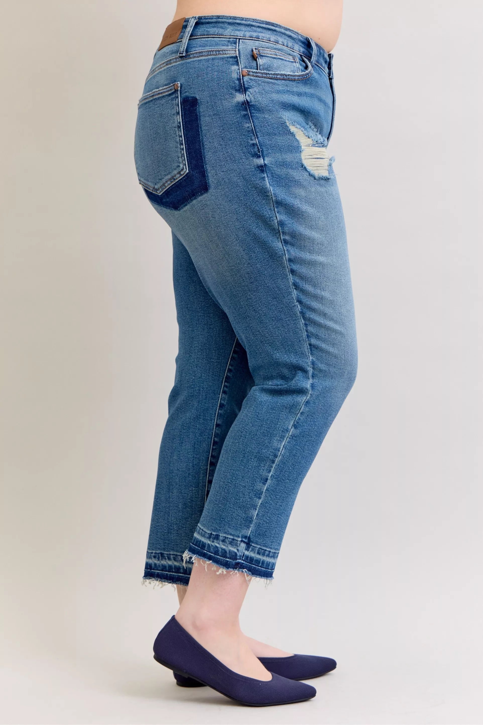 Judy Blue Full Size Mid Rise Bf Patch & Repair Destroy Release Hem Jeans Plus Size - Be Bliss Boutique