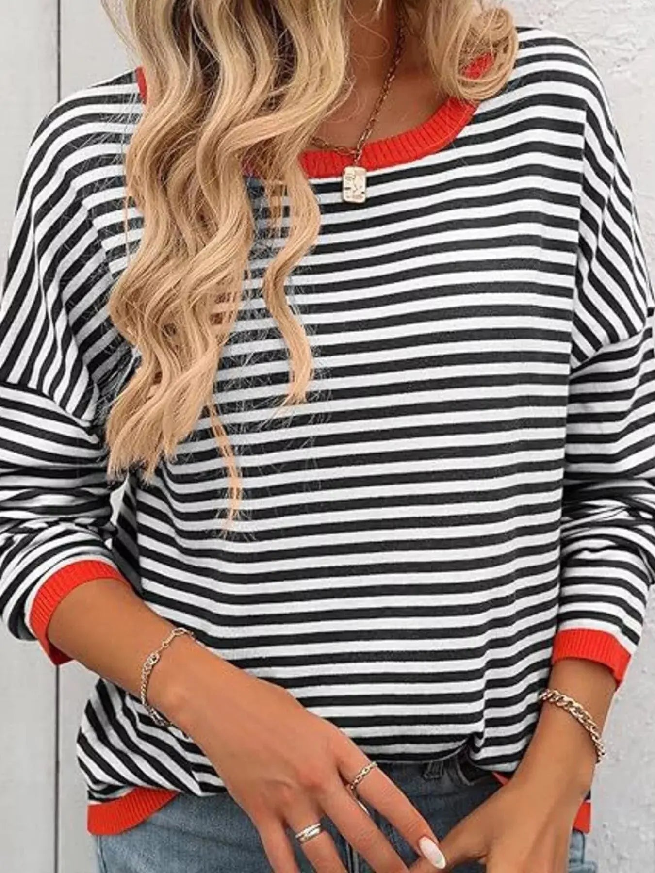 Plus Size Contrast Striped Long Sleeve Sweater - Be Bliss Boutique