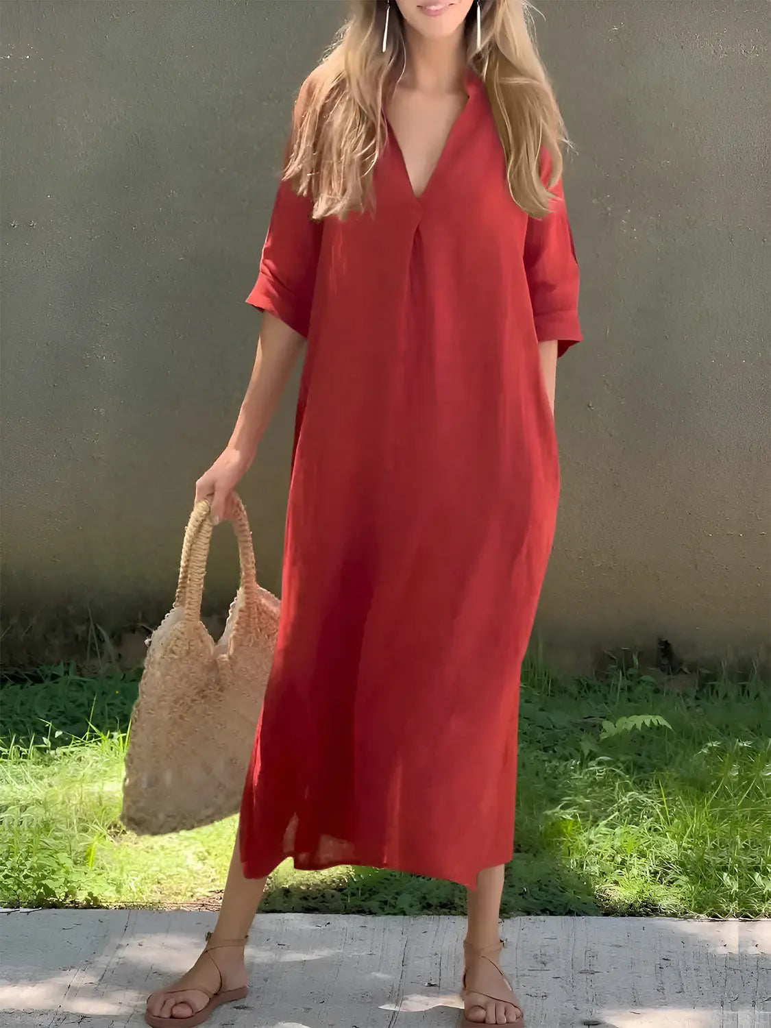 Full Size Notched Half Sleeve Midi Dress - Be Bliss Boutique
