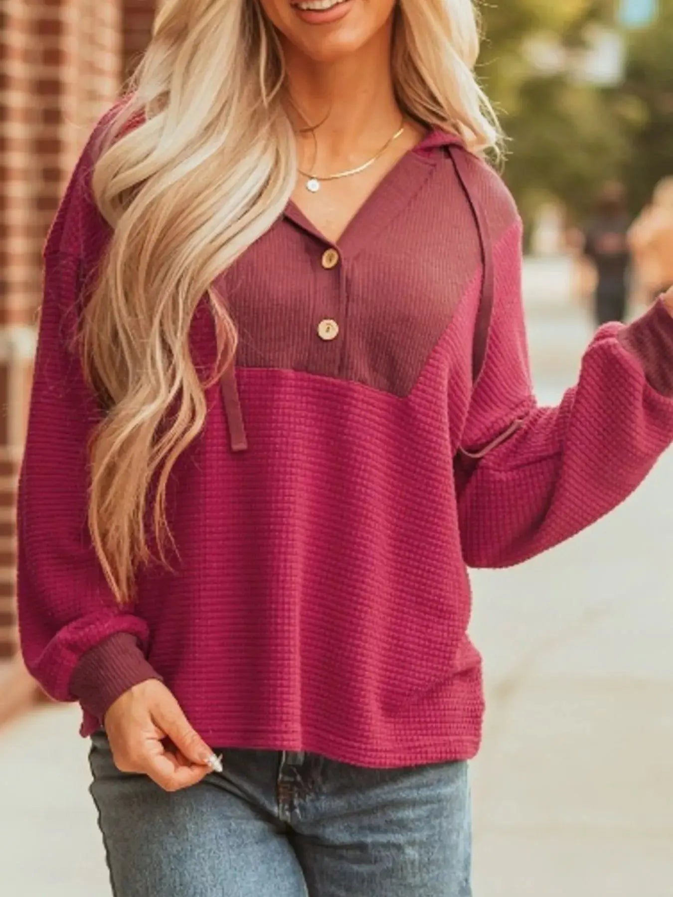 Cozy Contrast Waffle Knit Henley Sweatshirt with Button Detail - Be Bliss Boutique