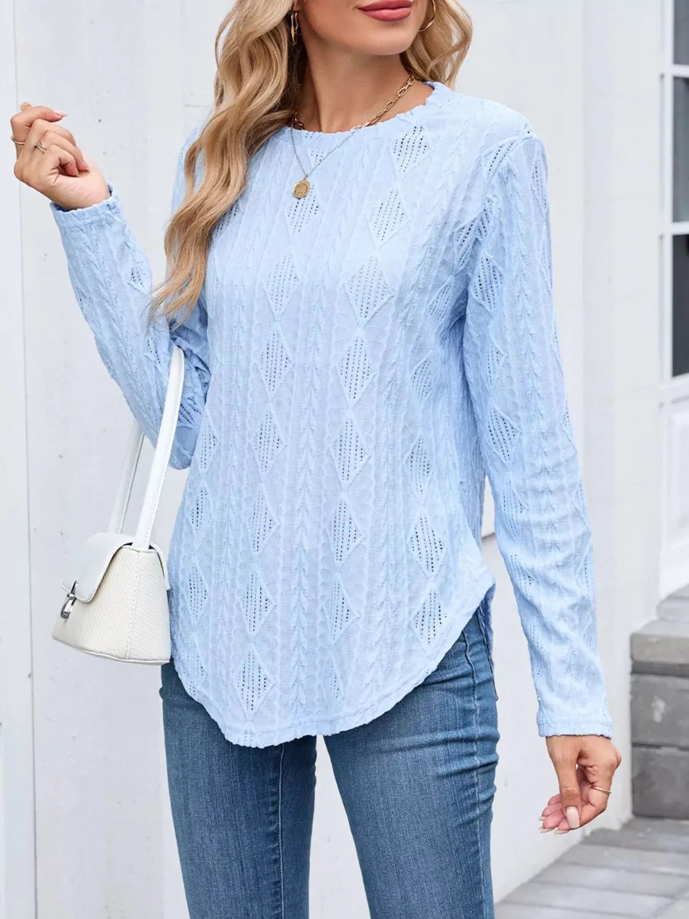 Openwork Textured Long Sleeve Top - Be Bliss Boutique