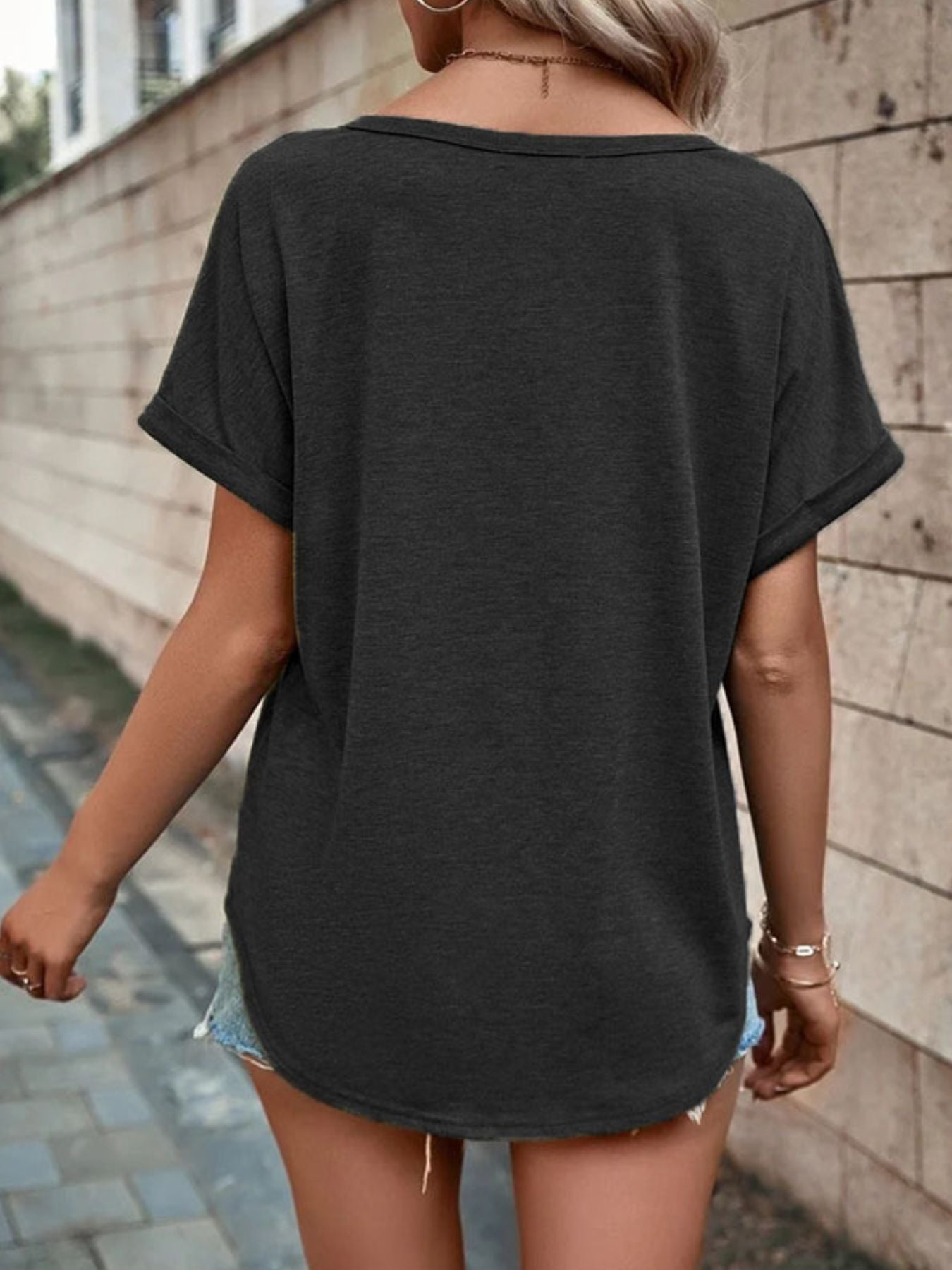 Full Size Decor Button Short Sleeve T Shirt - Be Bliss Boutique