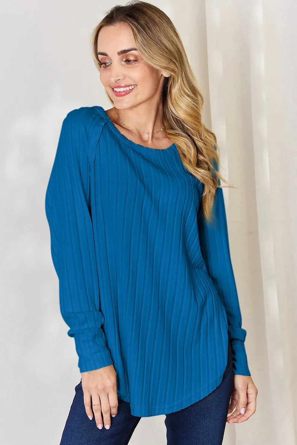 Basic Bae Ribbed Round Neck Slit Womens Long Sleeve T Shirt – Full & Plus Size - Be Bliss Boutique