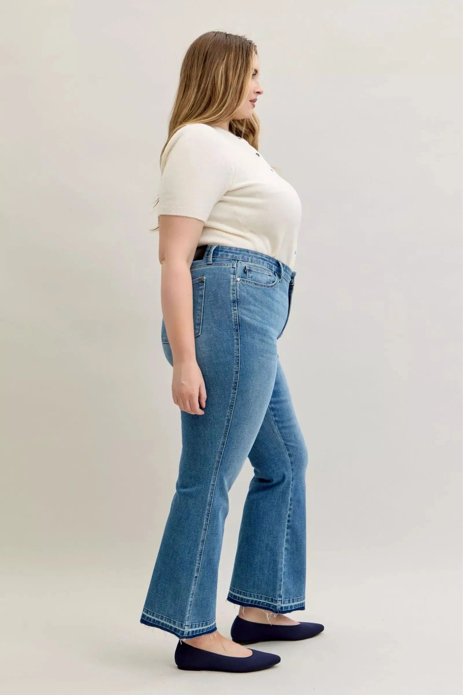 Judy Blue Jeans - Full Size Mid Rise Slim Bootcut Tummy Control Release Hem Jeans - Be Bliss Boutique