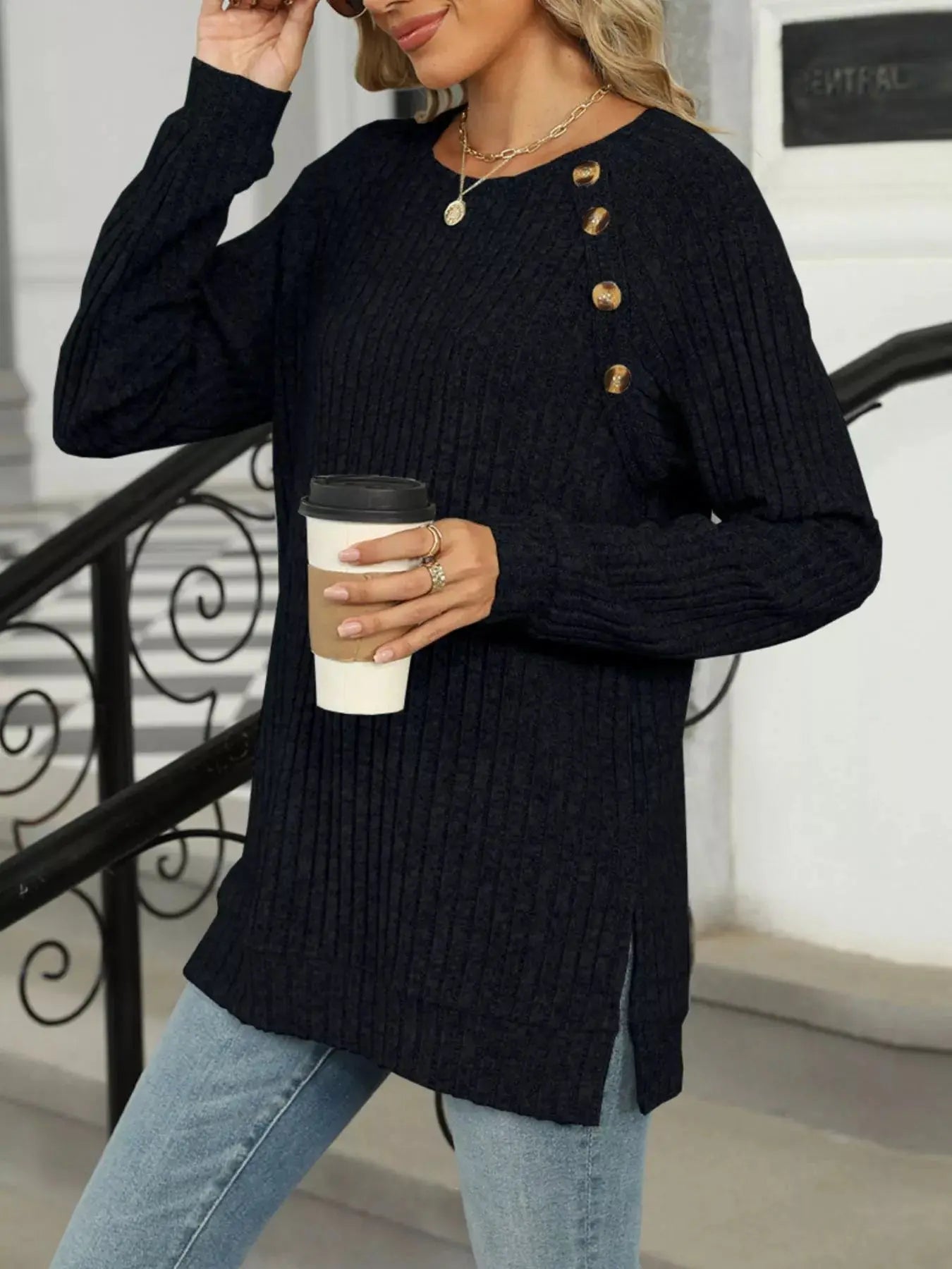 Cozy Chic Ribbed Button Detail Long Sleeve Tunic - Be Bliss Boutique