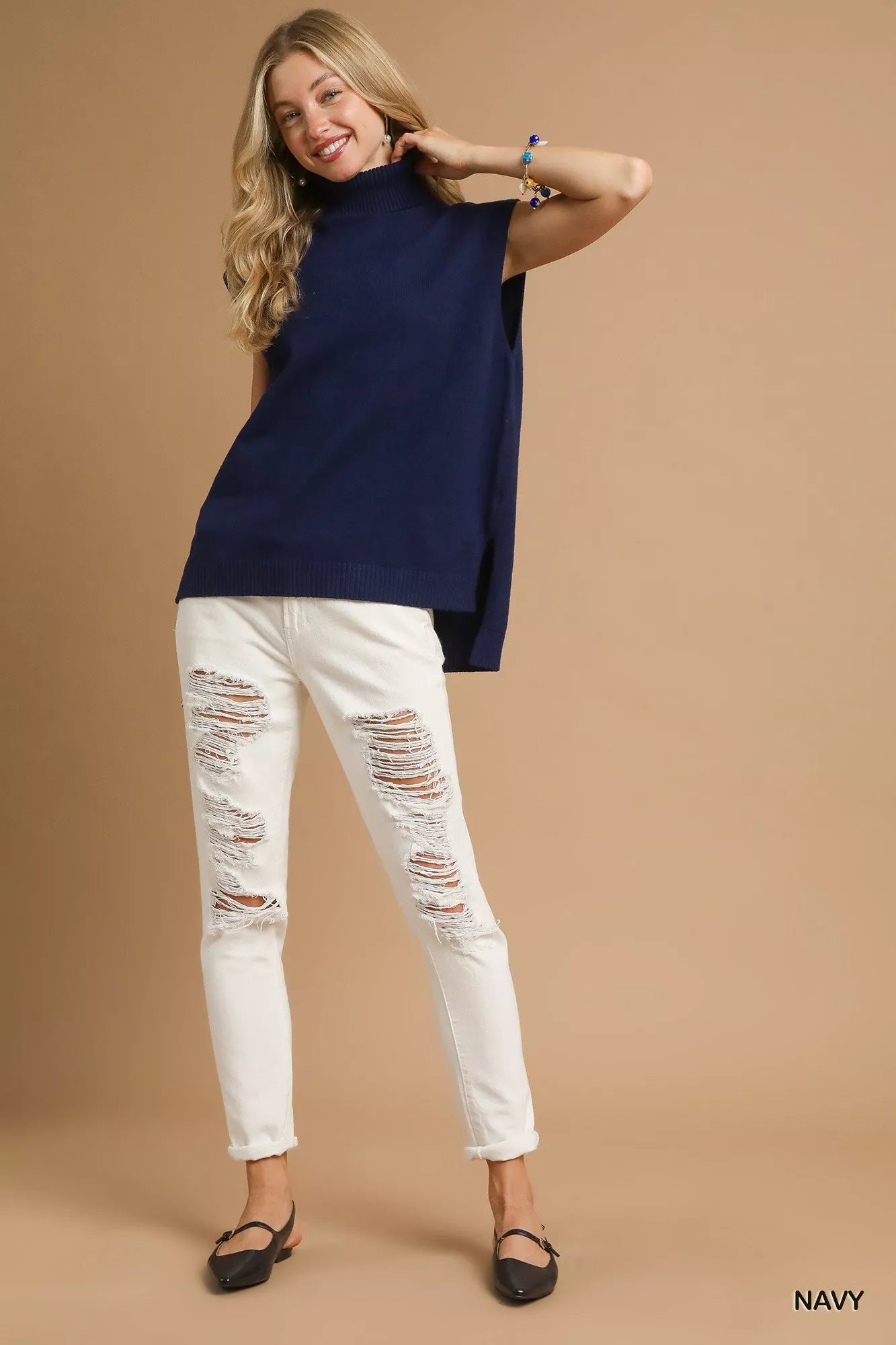 Umgee High-Low Turtleneck Sleeveless Sweater Top - Be Bliss Boutique