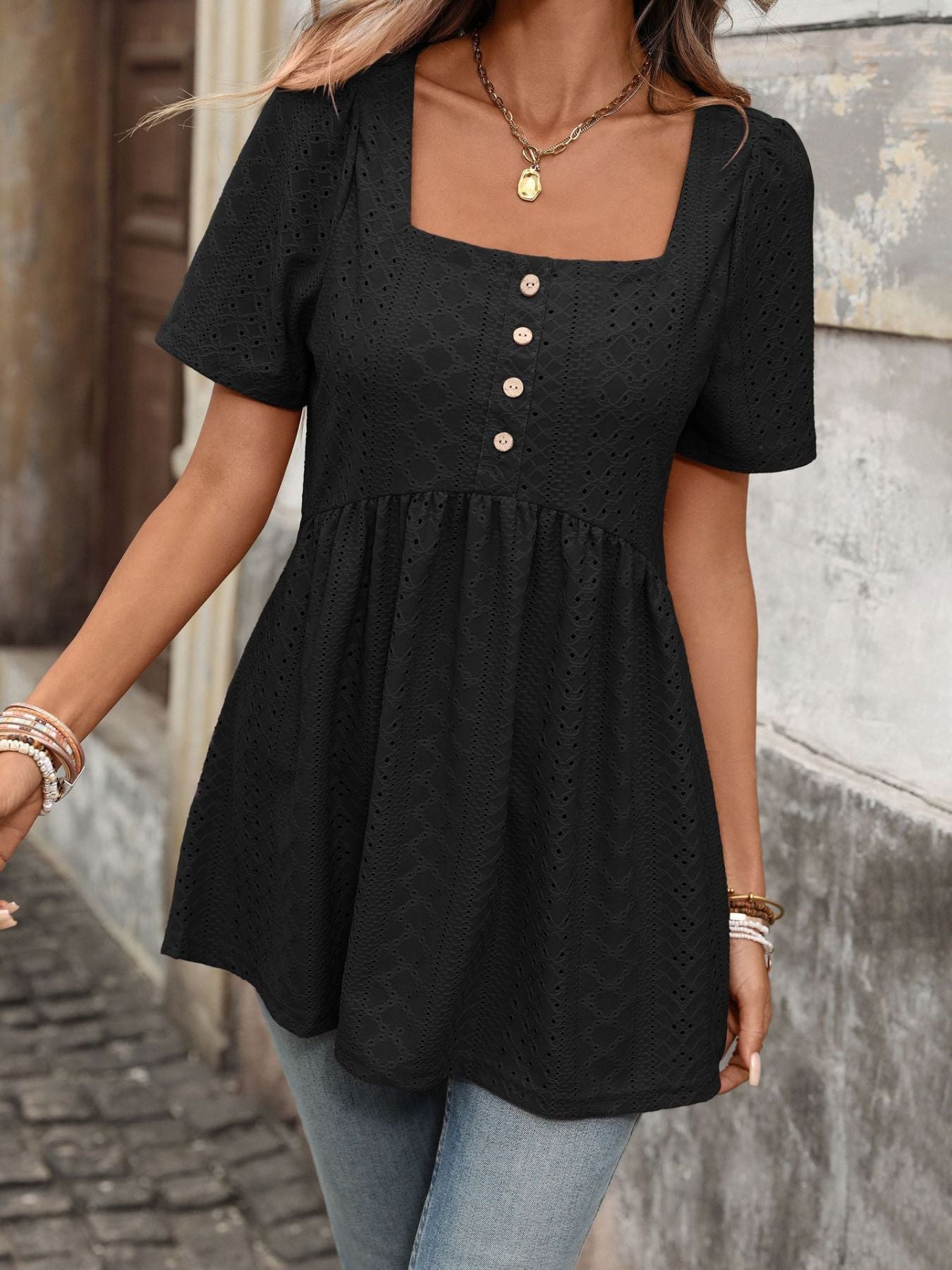 Women's Eyelet Square Neck Babydoll Short Sleeve Top - Be Bliss Boutique